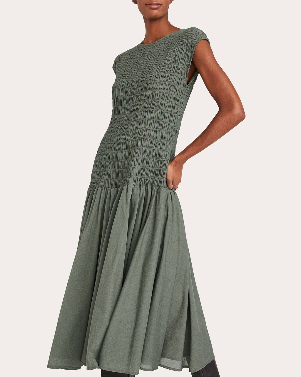 Stijl Smocked Chambray Drop-Waist Midi Dress