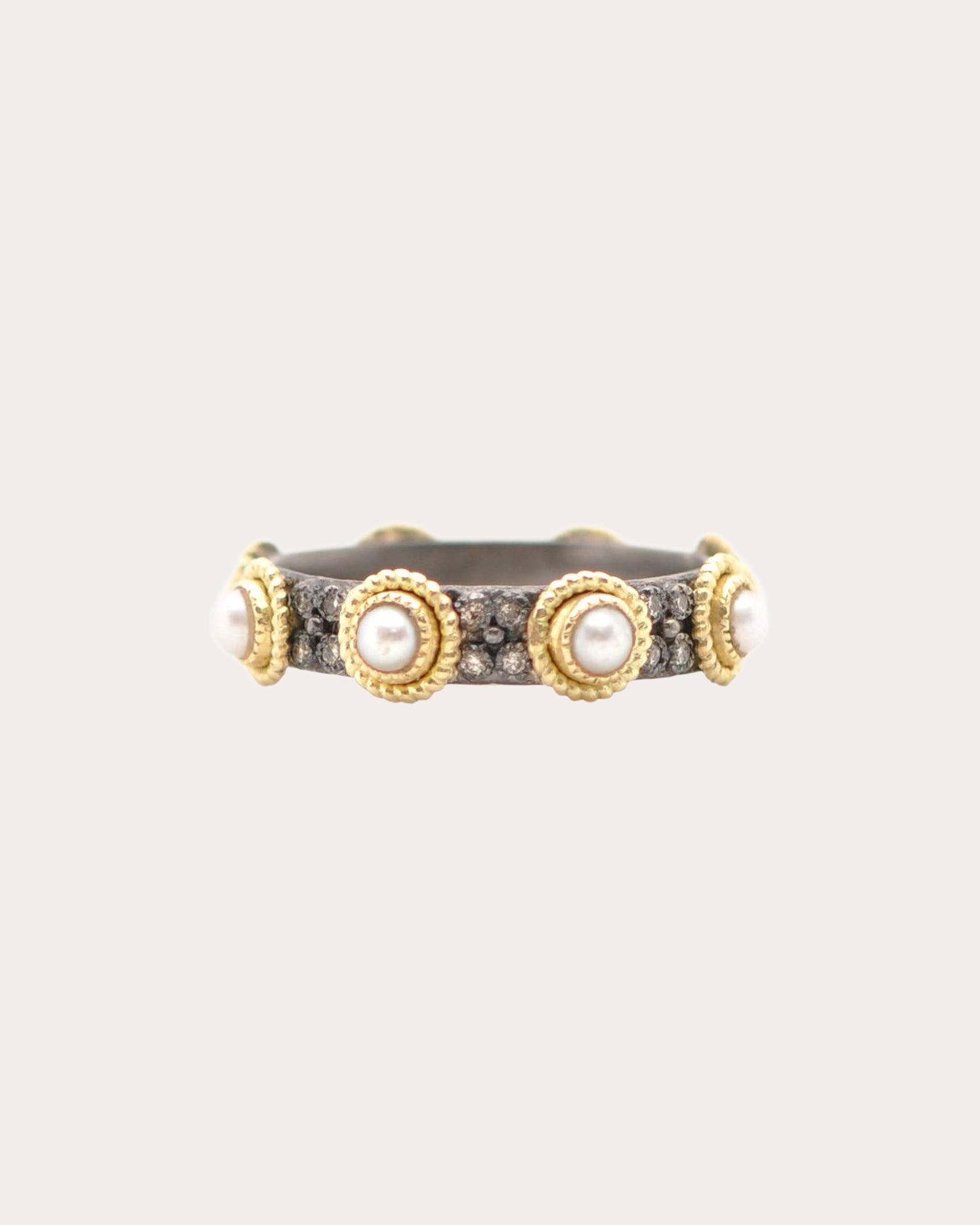 18K Gold Sterling Silver Pearl and Diamond Band Ring