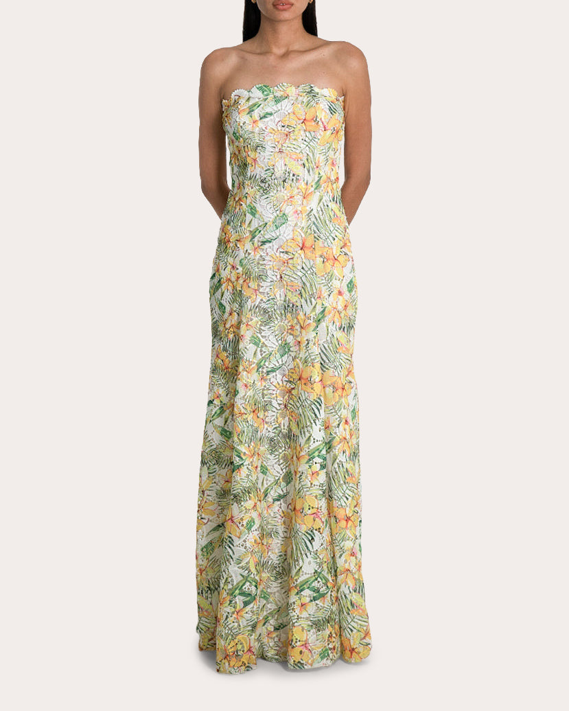 Sam Laser-Cut Floral Lace Strapless Gown