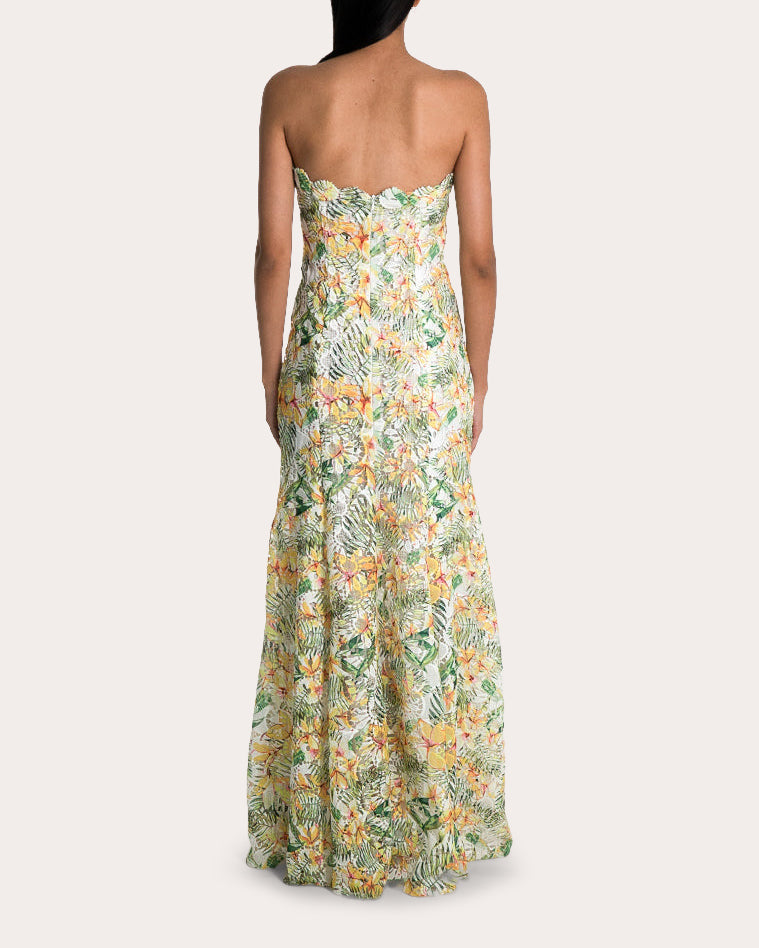 Sam Laser-Cut Floral Lace Strapless Gown