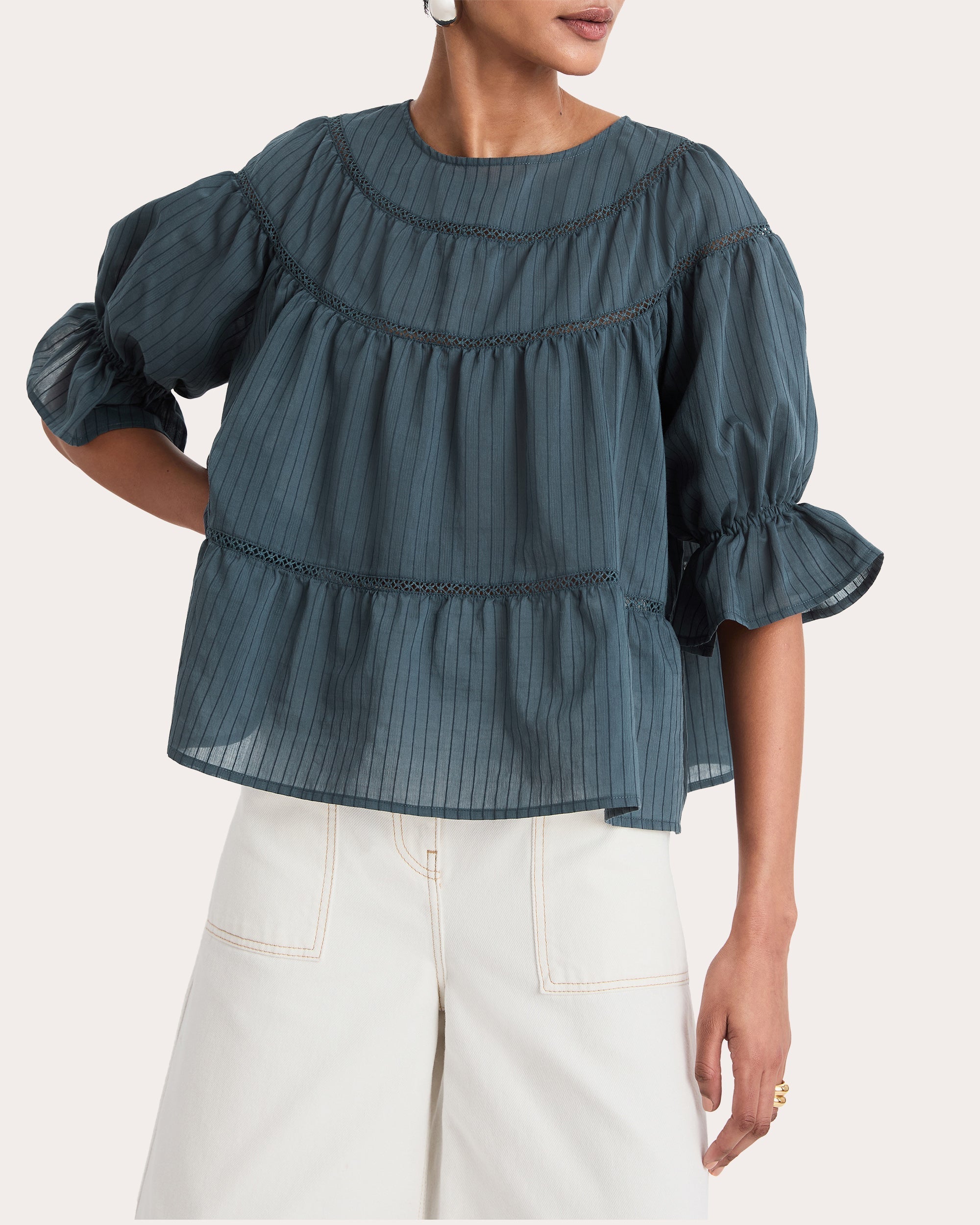 Sol Stripe Crochet-Trim Cotton Puff-Sleeve Top