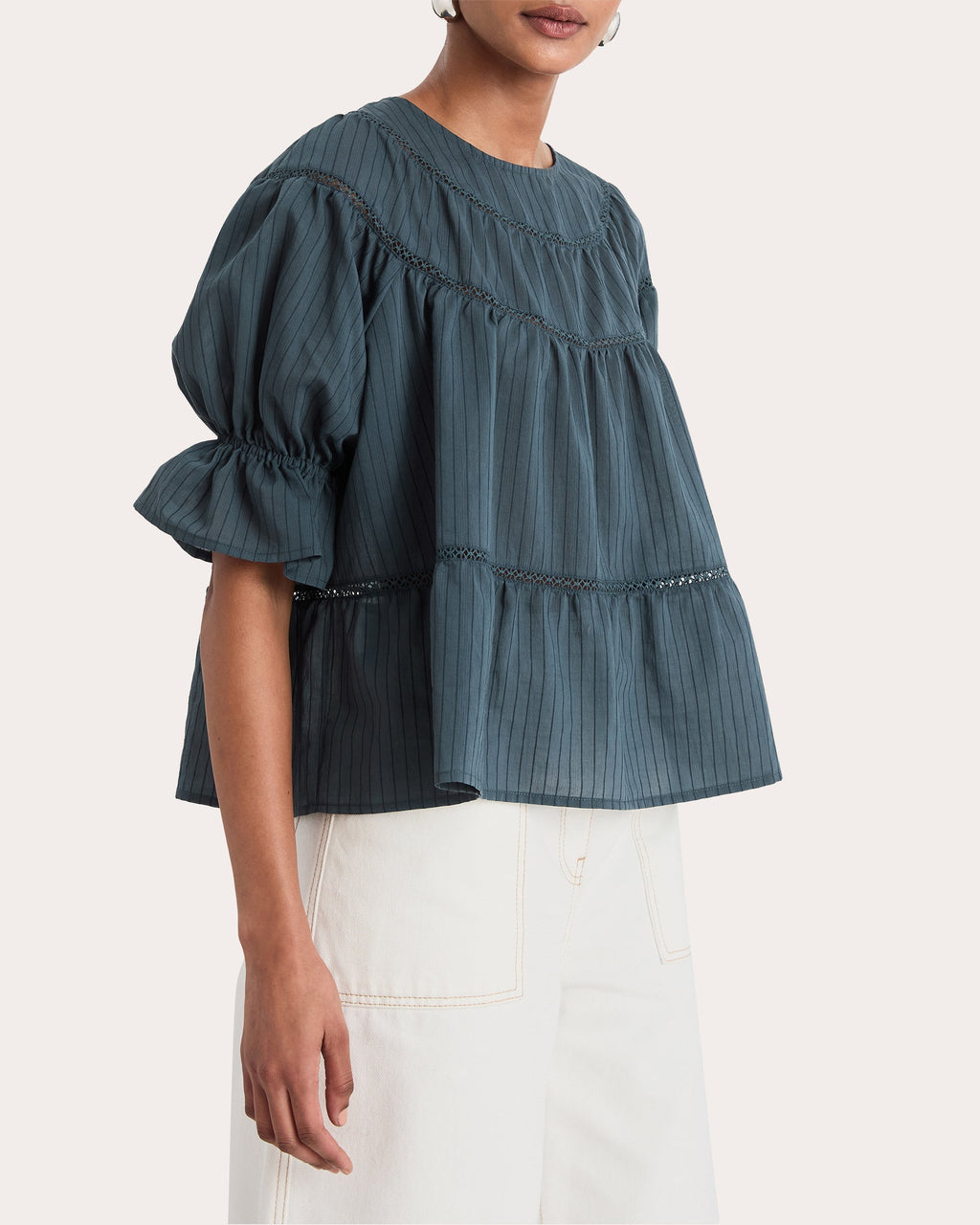 Sol Stripe Crochet-Trim Cotton Puff-Sleeve Top