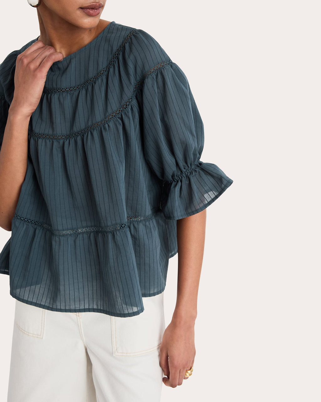 Sol Stripe Crochet-Trim Cotton Puff-Sleeve Top