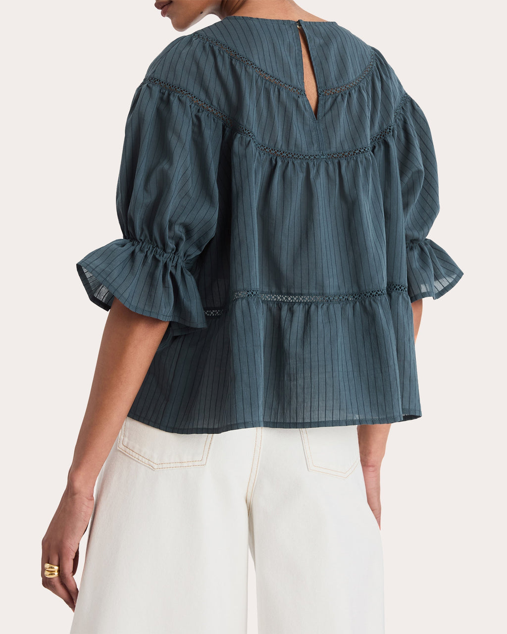 Sol Stripe Crochet-Trim Cotton Puff-Sleeve Top
