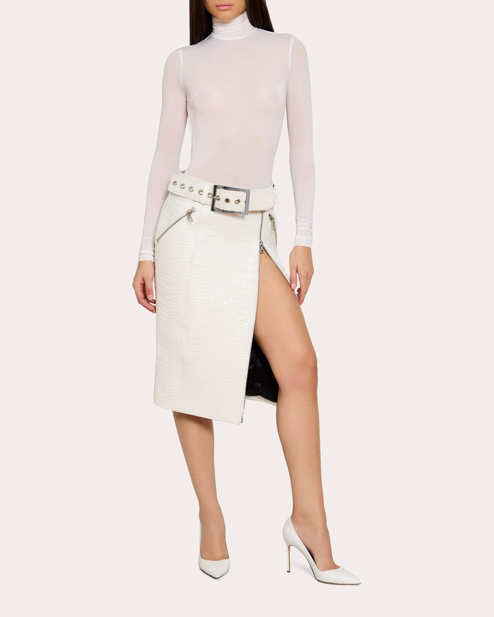 Belted Asymmetric Croc-Embossed Leather Skirt