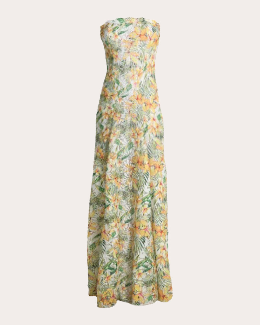Sam Laser-Cut Floral Lace Strapless Gown