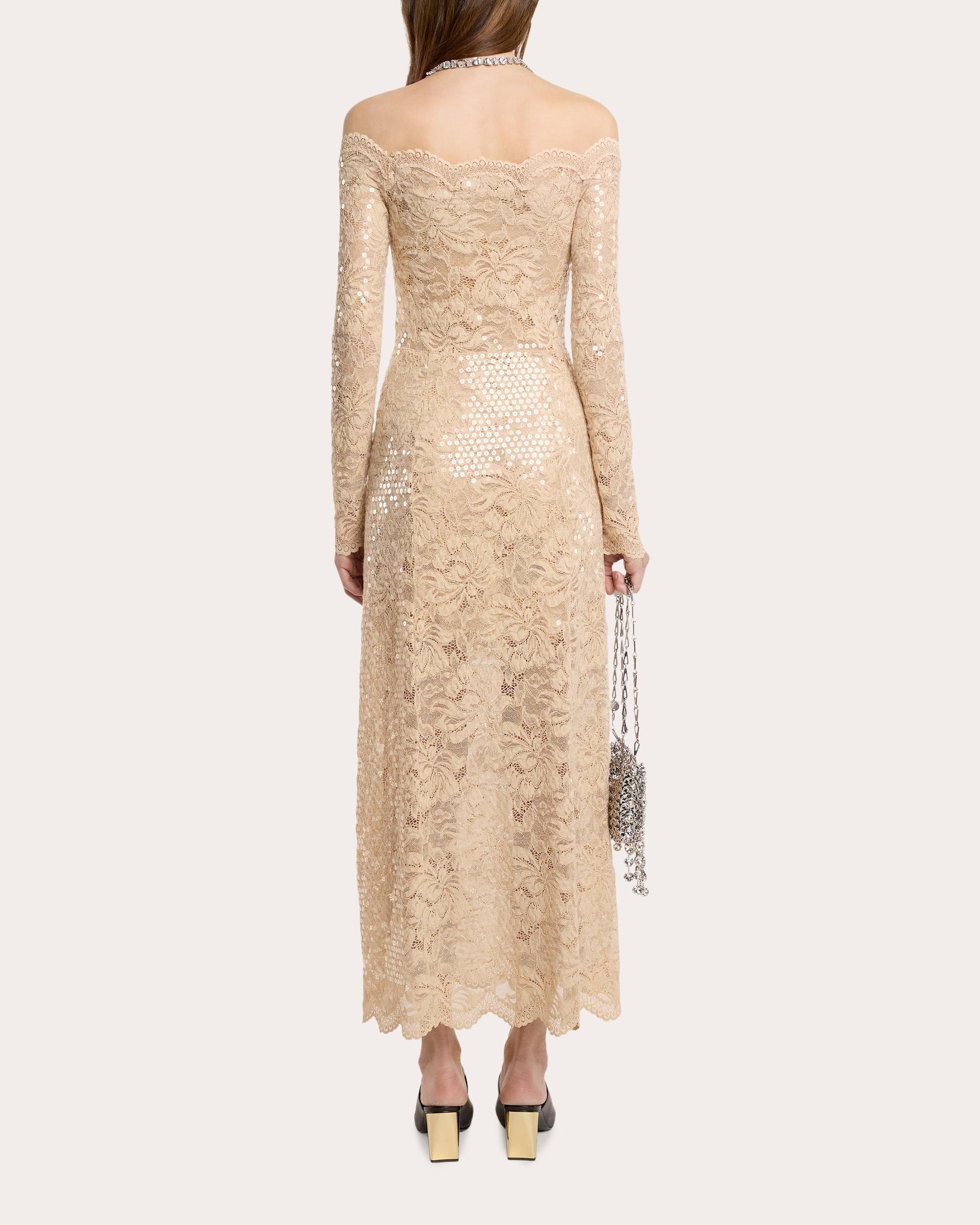 Sequin-Embellished Ruched Lace Maxi Dress