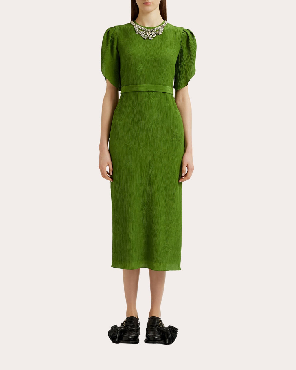 Crystal-Embellished Crinkled Jacquard Midi Dress