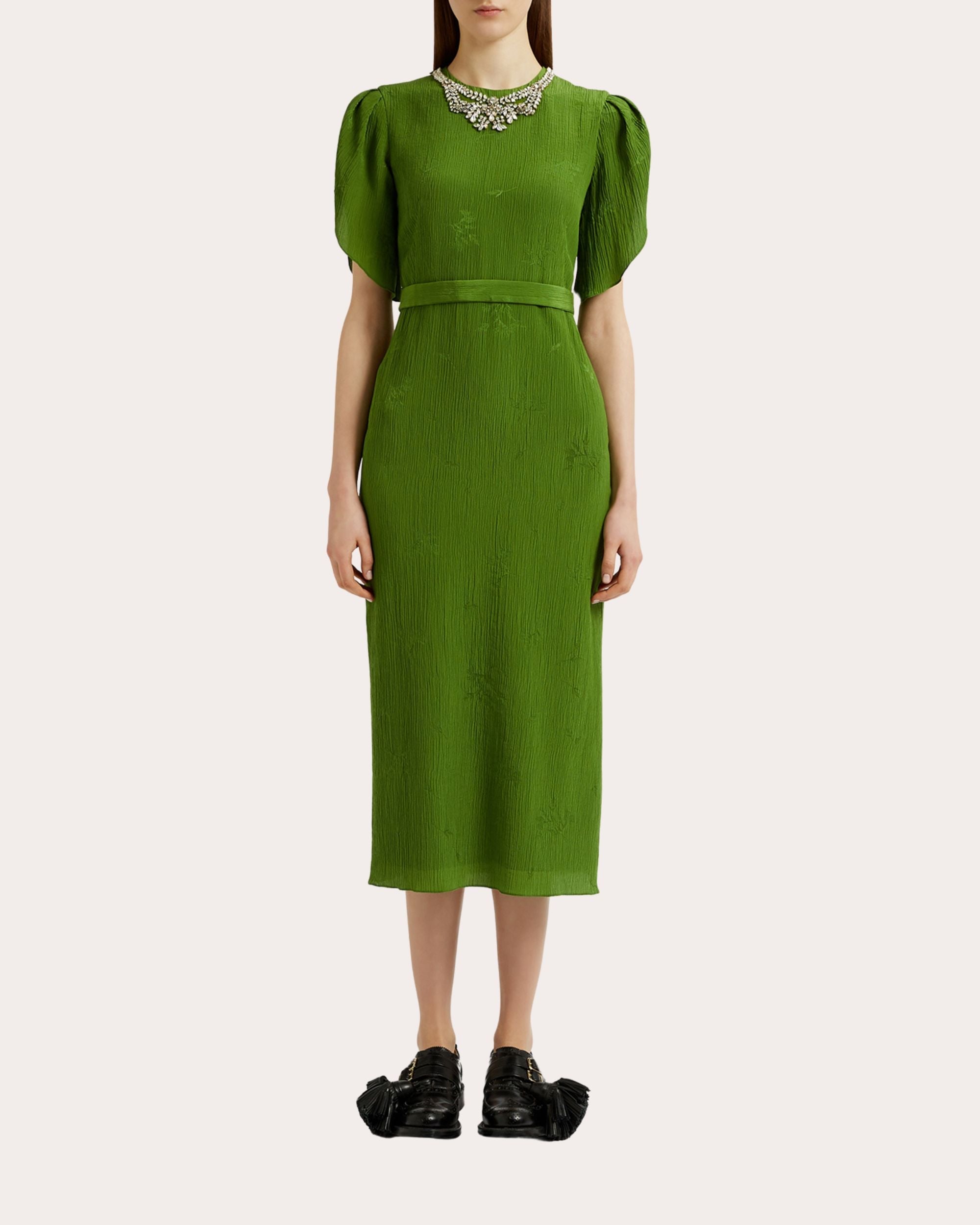 Crystal-Embellished Crinkled Jacquard Midi Dress