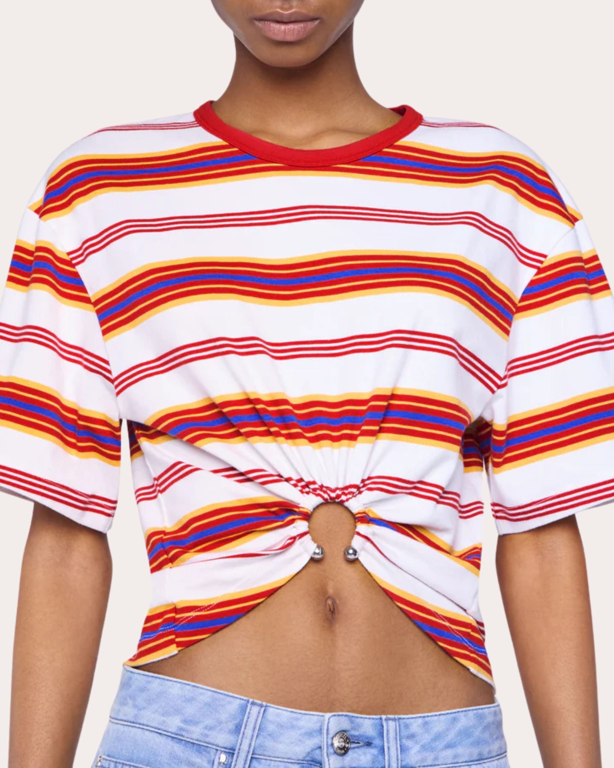 Cropped Gathered Striped Cotton Jersey T-Shirt
