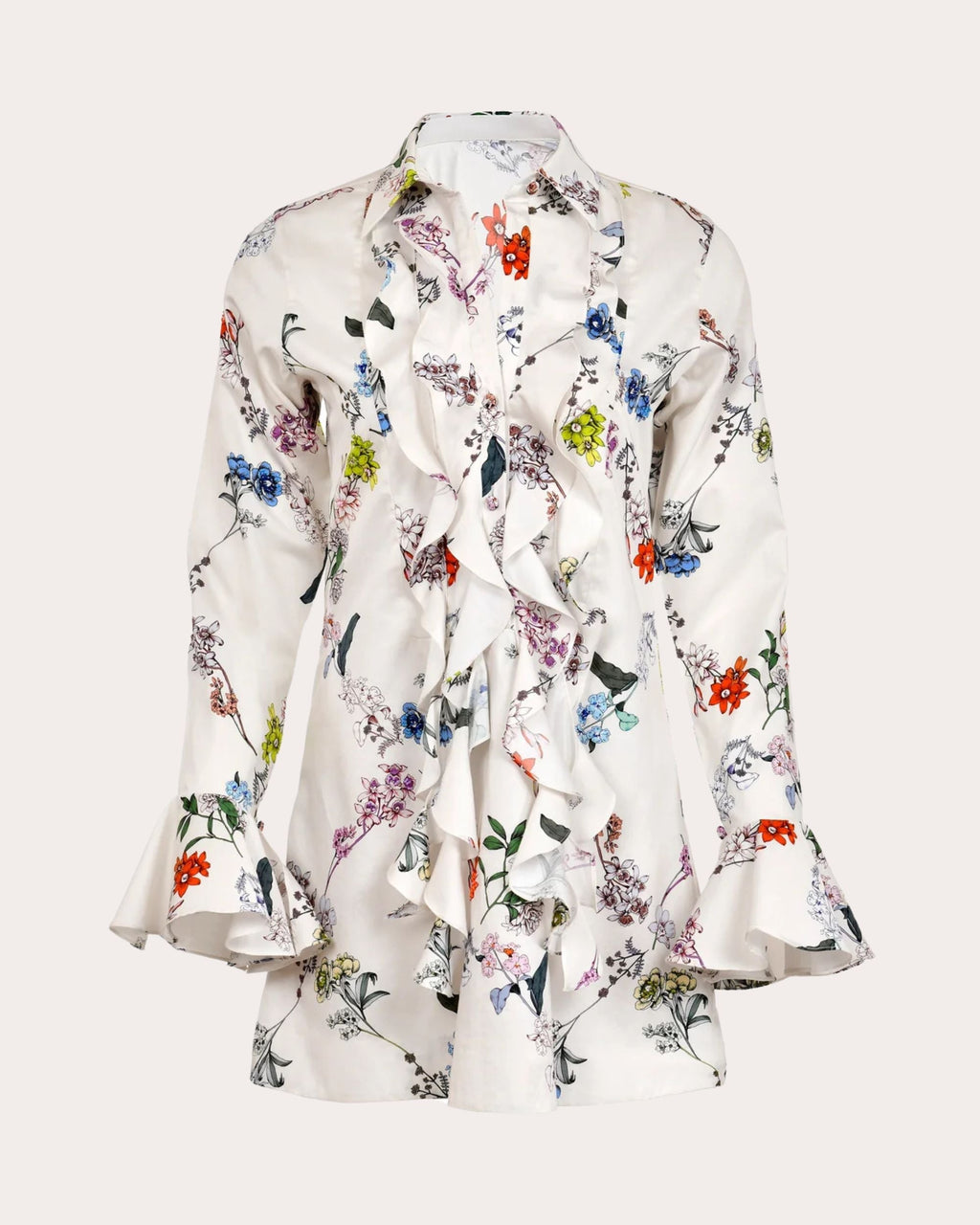 Cate Ruffled Floral-Print Cotton Mini Shirt Dress