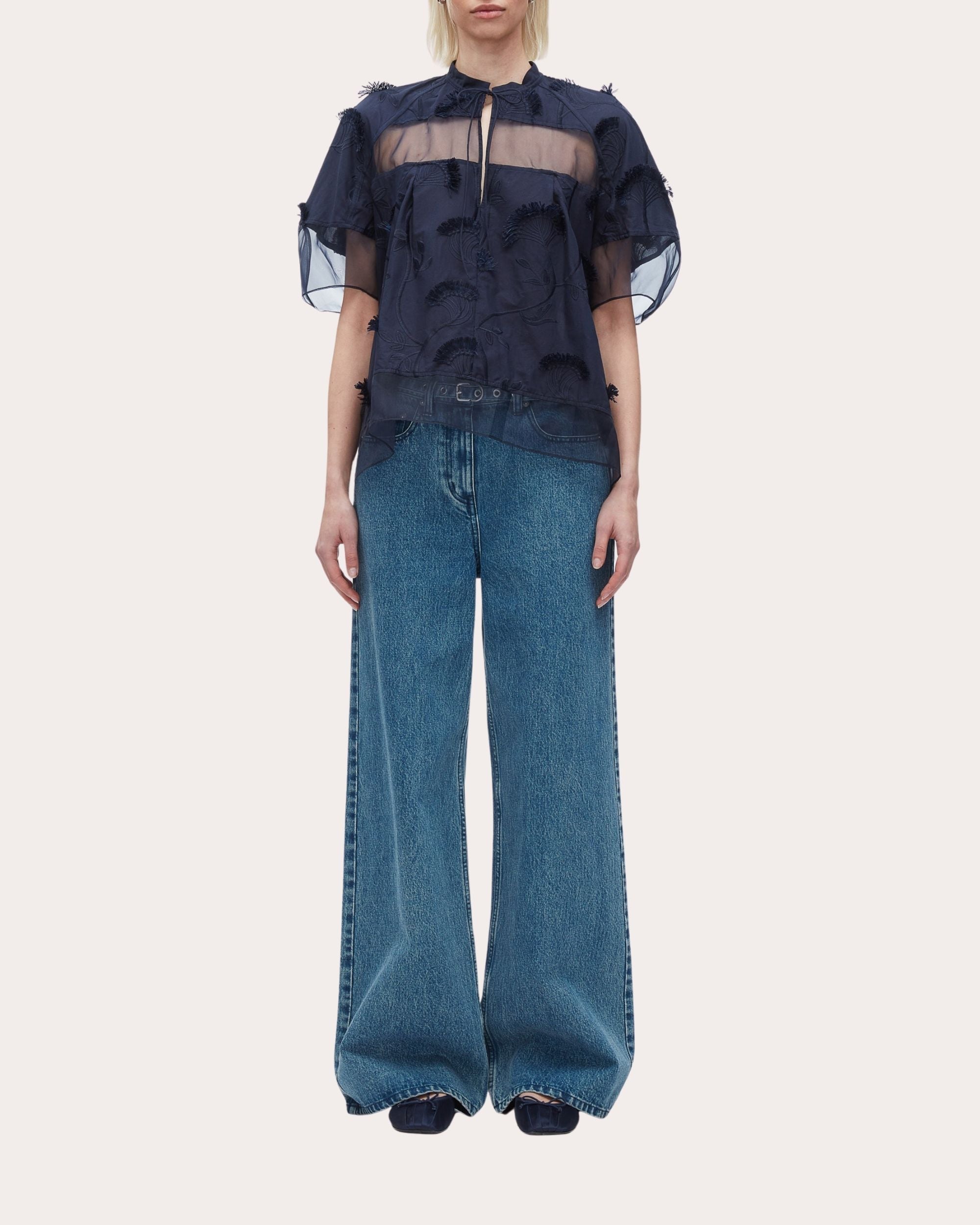Paneled Embroidered Cotton Organza Top