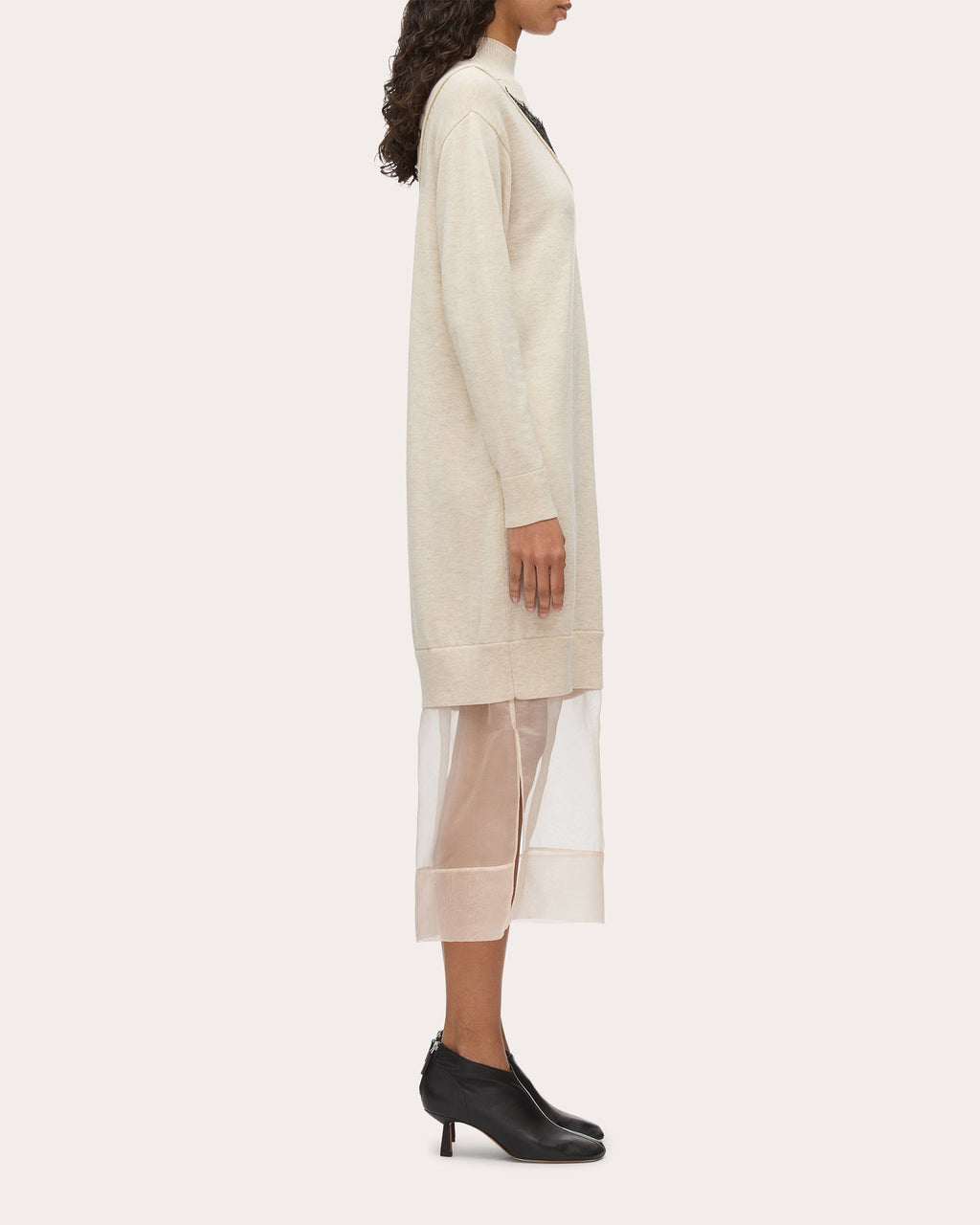 Layered Lace-Inset Chiffon-Trim Wool Midi Dress