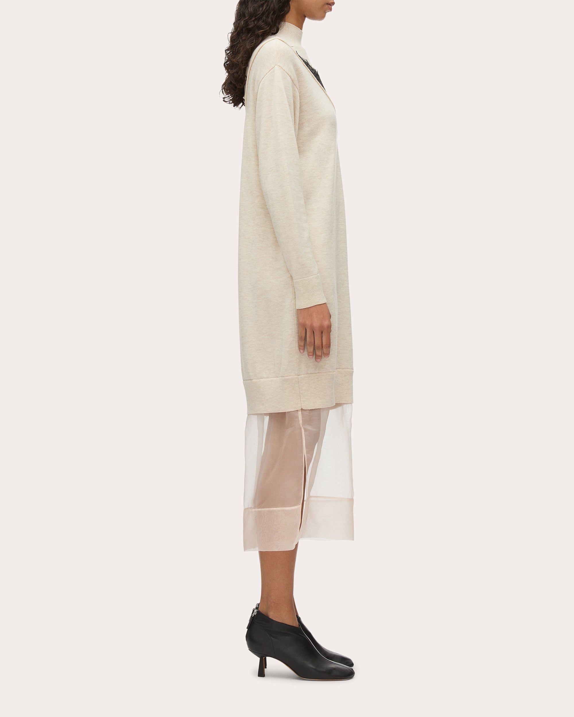 Layered Lace-Inset Chiffon-Trim Wool Midi Dress