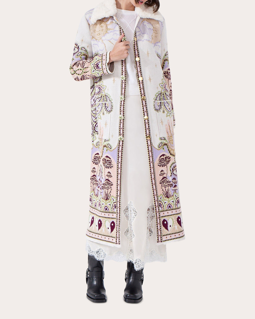 Written in the Stars Faux Fur Trimmed Jacquard Knit Coat