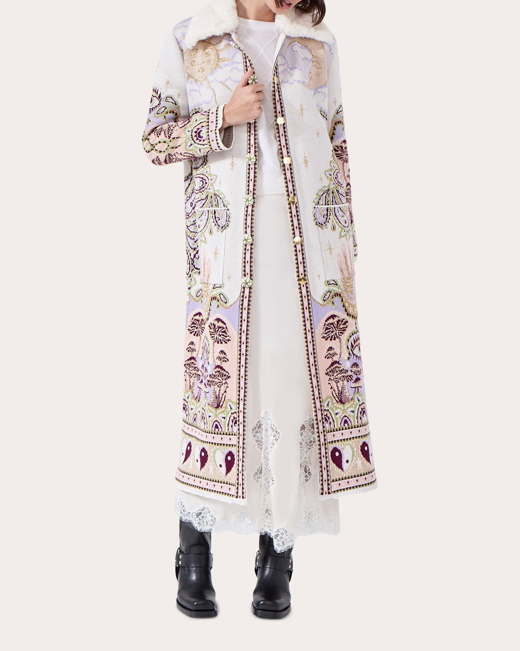 Written in the Stars Faux Fur Trimmed Jacquard Knit Coat