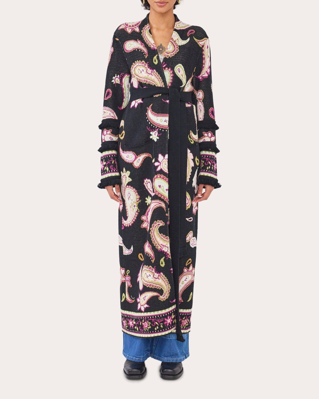Jimi Belted Paisley Cotton-Jacquard Long Cardigan
