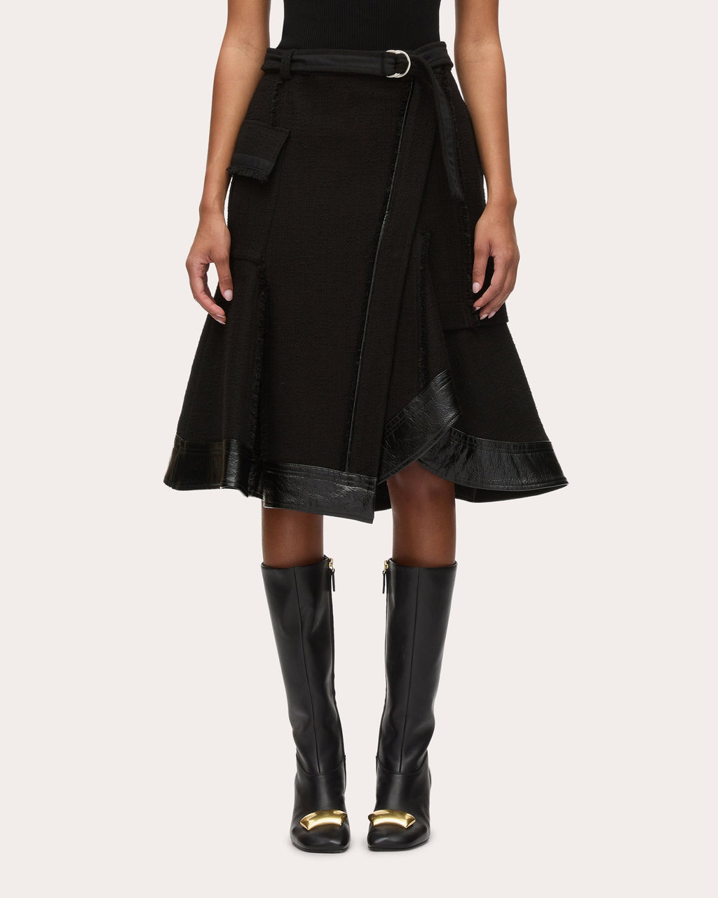 Belted Faux Leather-Trim Tweed Skirt