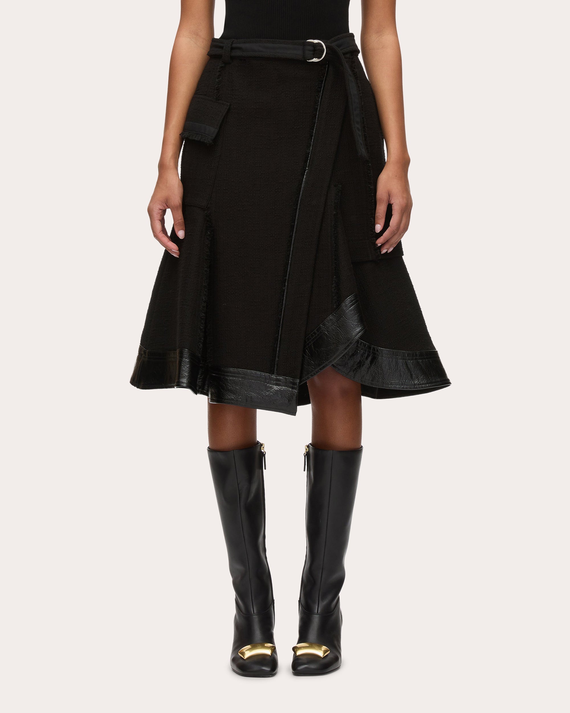 Belted Faux Leather-Trim Tweed Skirt