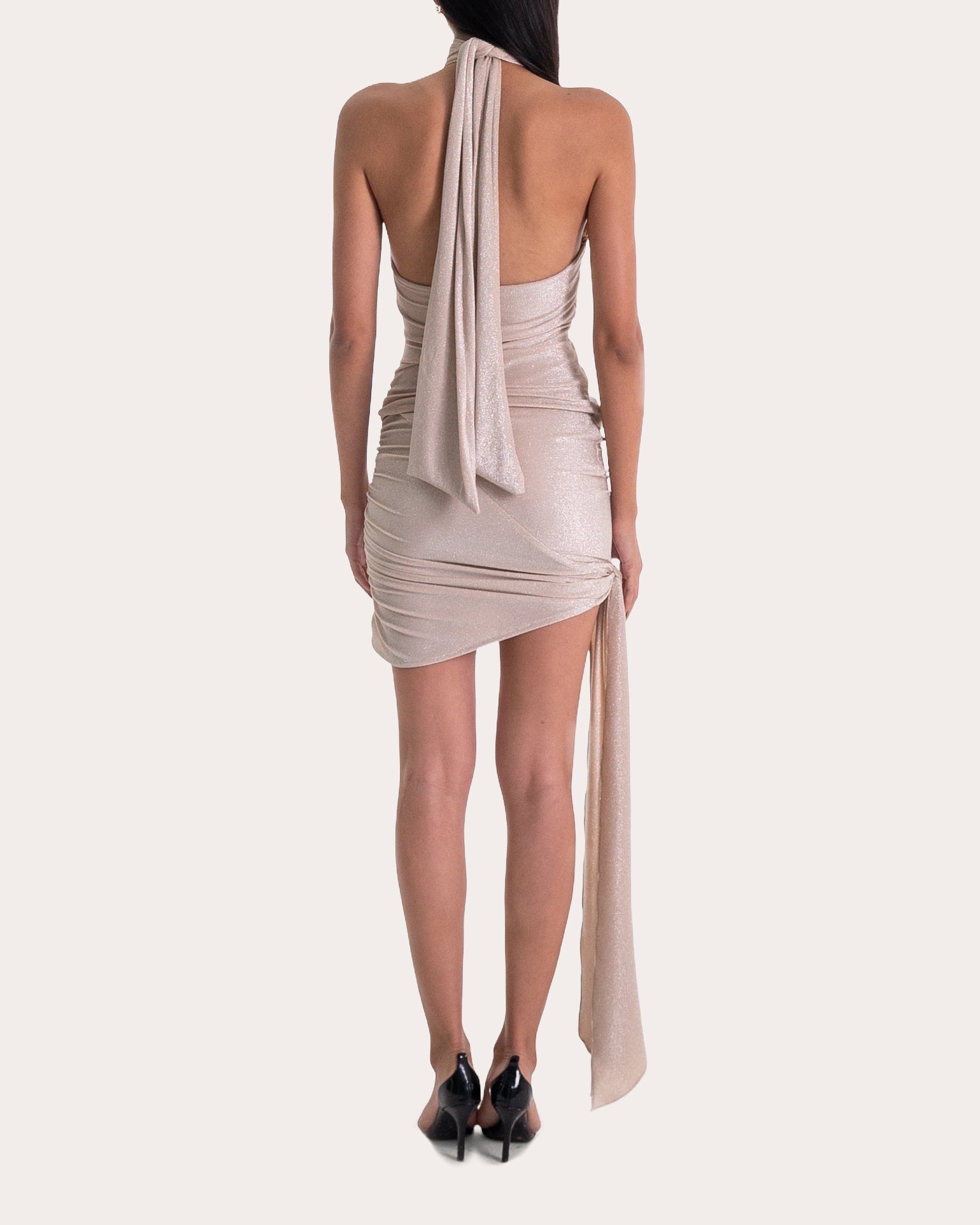 Fariha Glittered Ruched Jersey Mini Dress