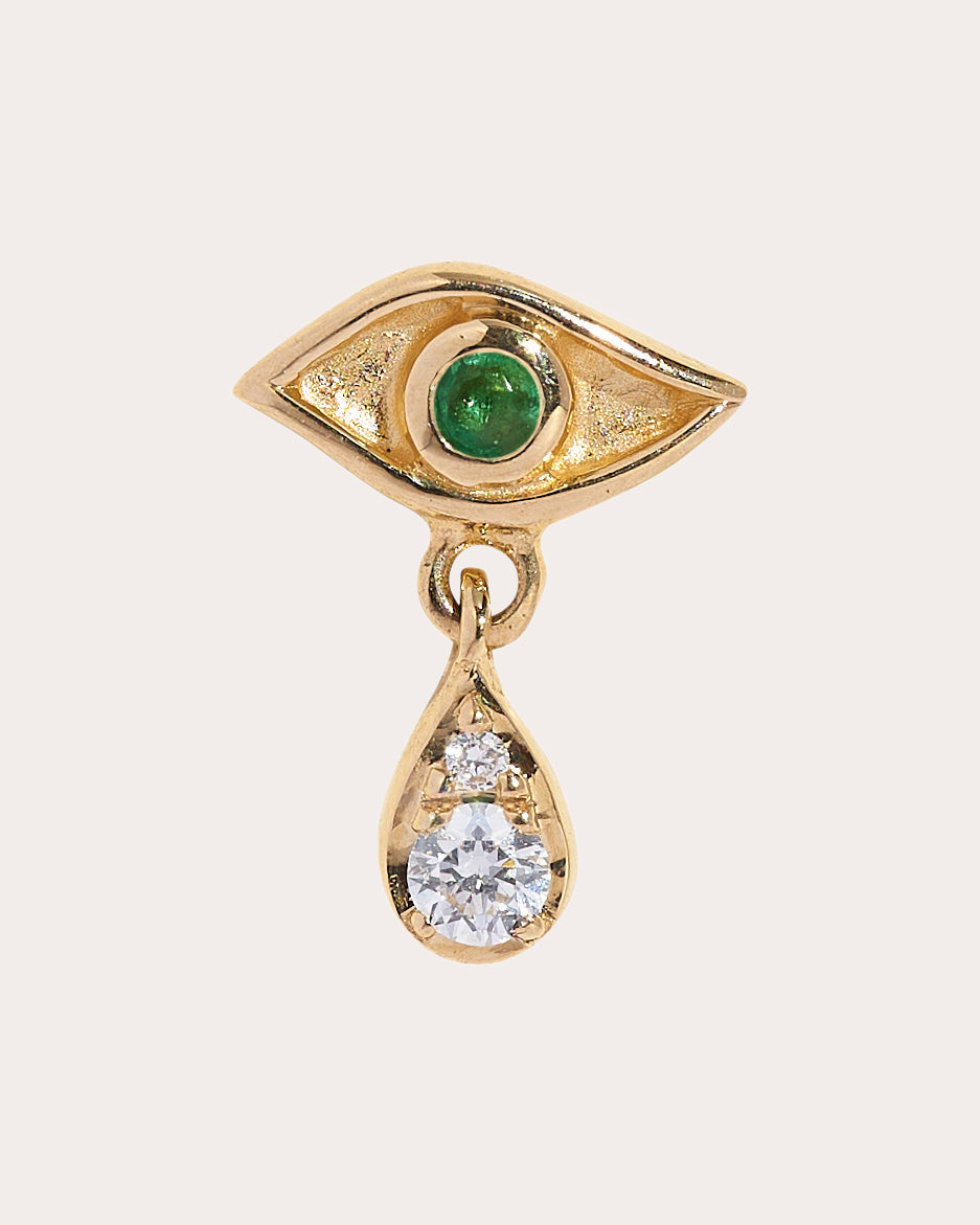 Crying Eye 14K Gold Emerald and Diamond Single Stud Earring