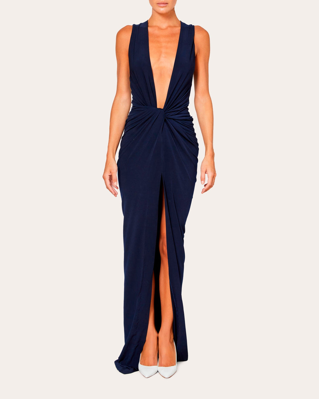 Twist-Front Ruched Jersey V-Neck Gown