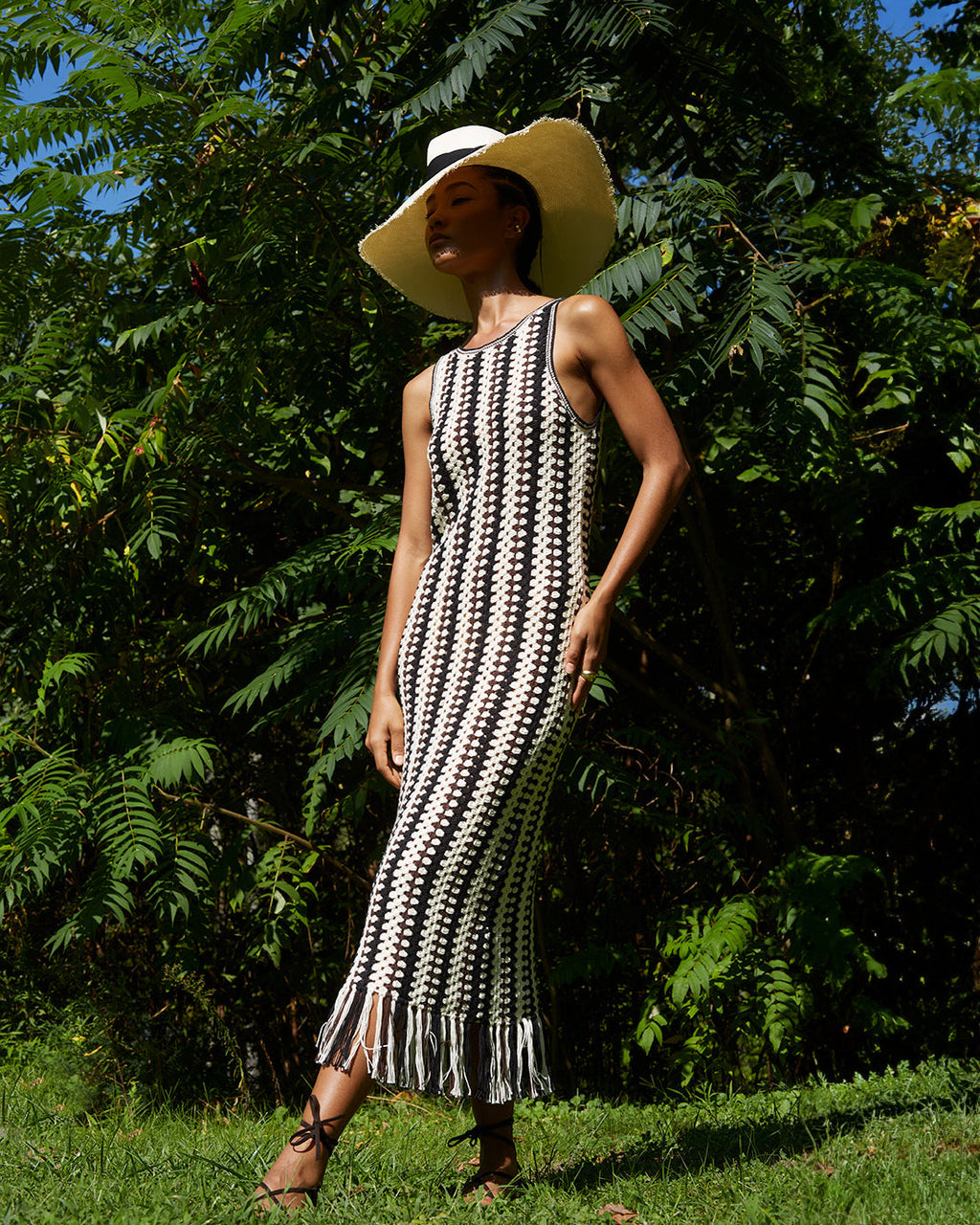 Natalie Fringed Striped Cotton Crochet Knit Midi Dress