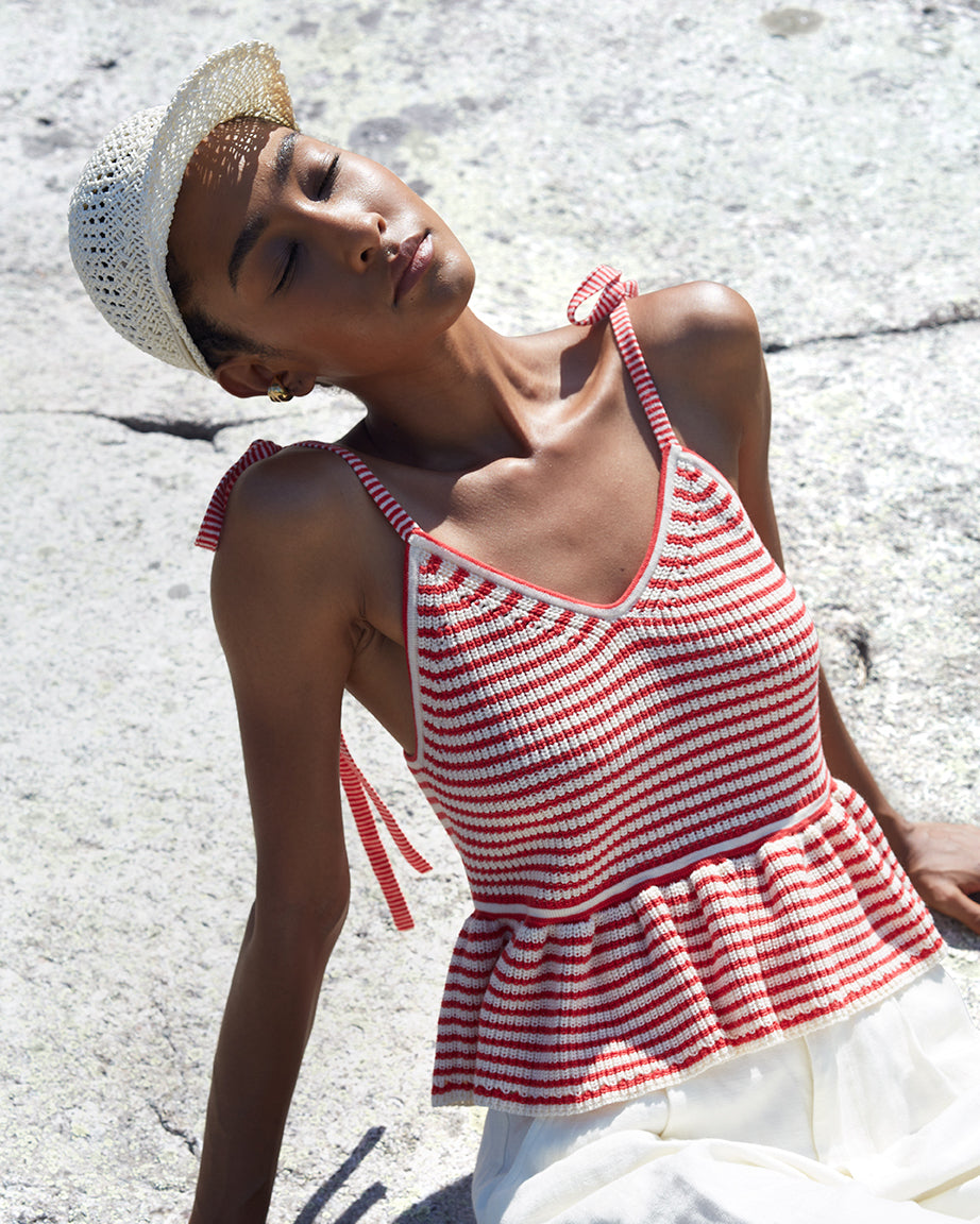 Mali Striped Ribbed Cotton Knit Peplum Top