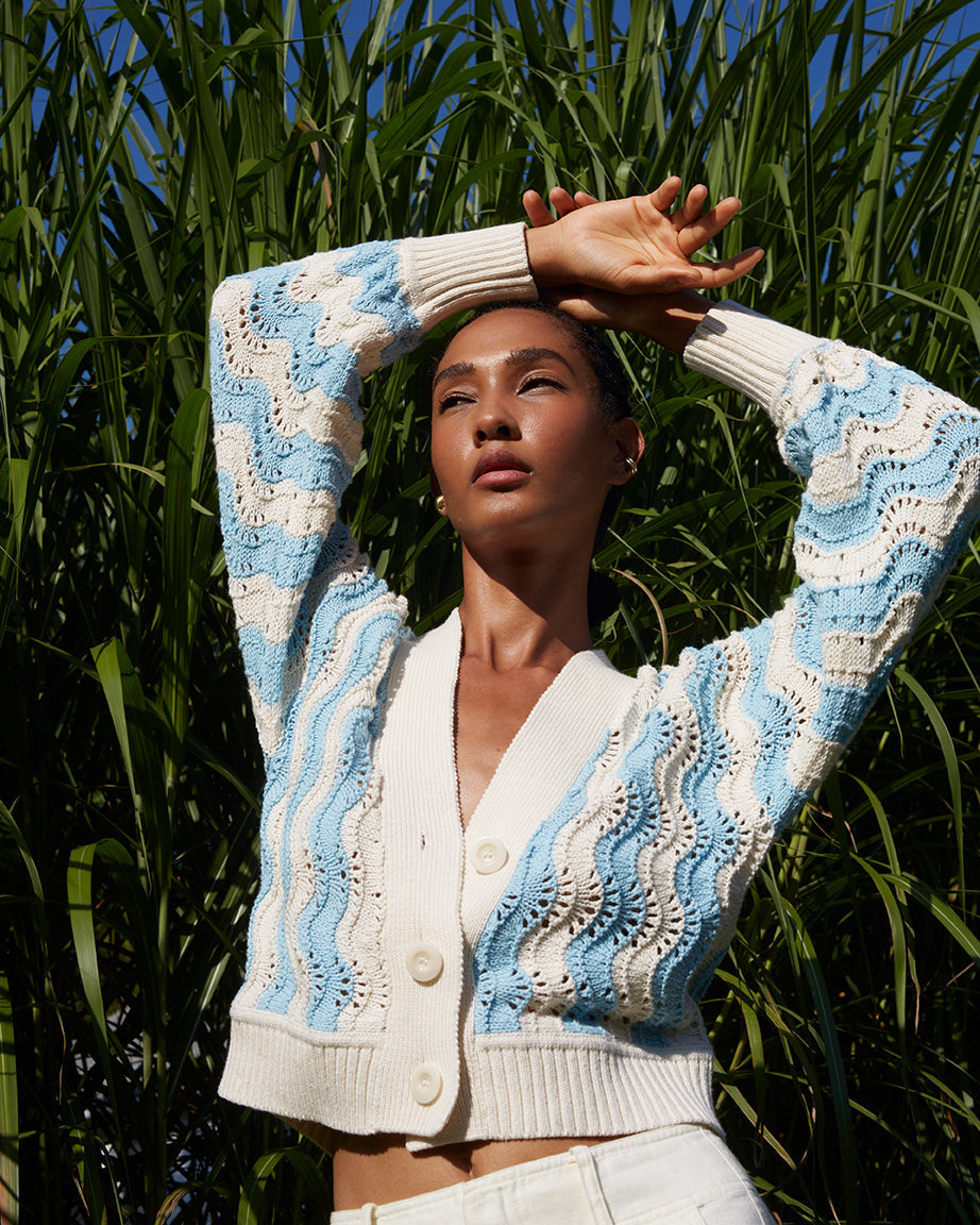Luna Cropped Chevron Knit Cotton Cardigan