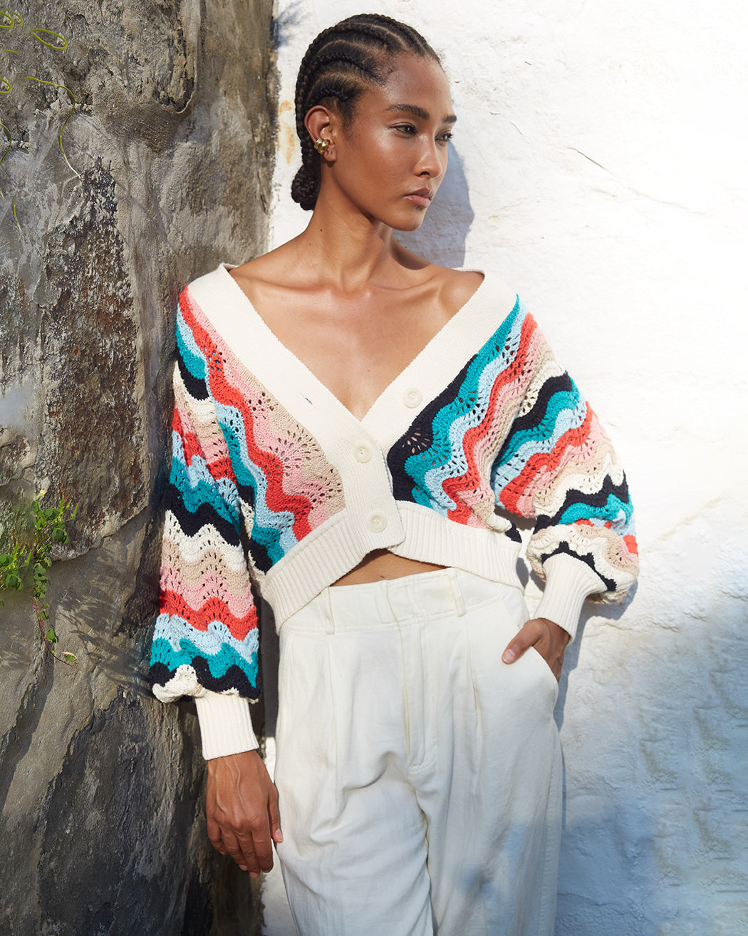Luna Cropped Chevron Knit Cotton Cardigan