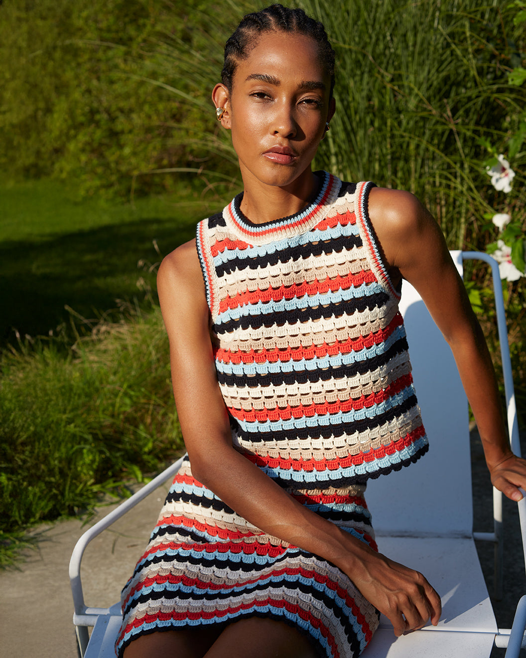 Ava Striped Cotton Crochet Knit Mini Skirt