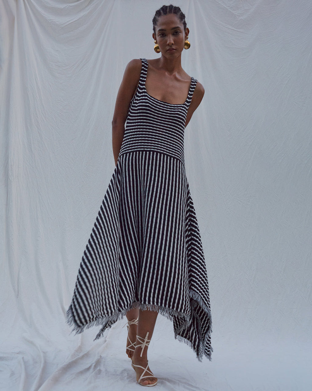 Ramona Asymmetric Fringe-Trimmed Ribbed Cotton Midi Dress