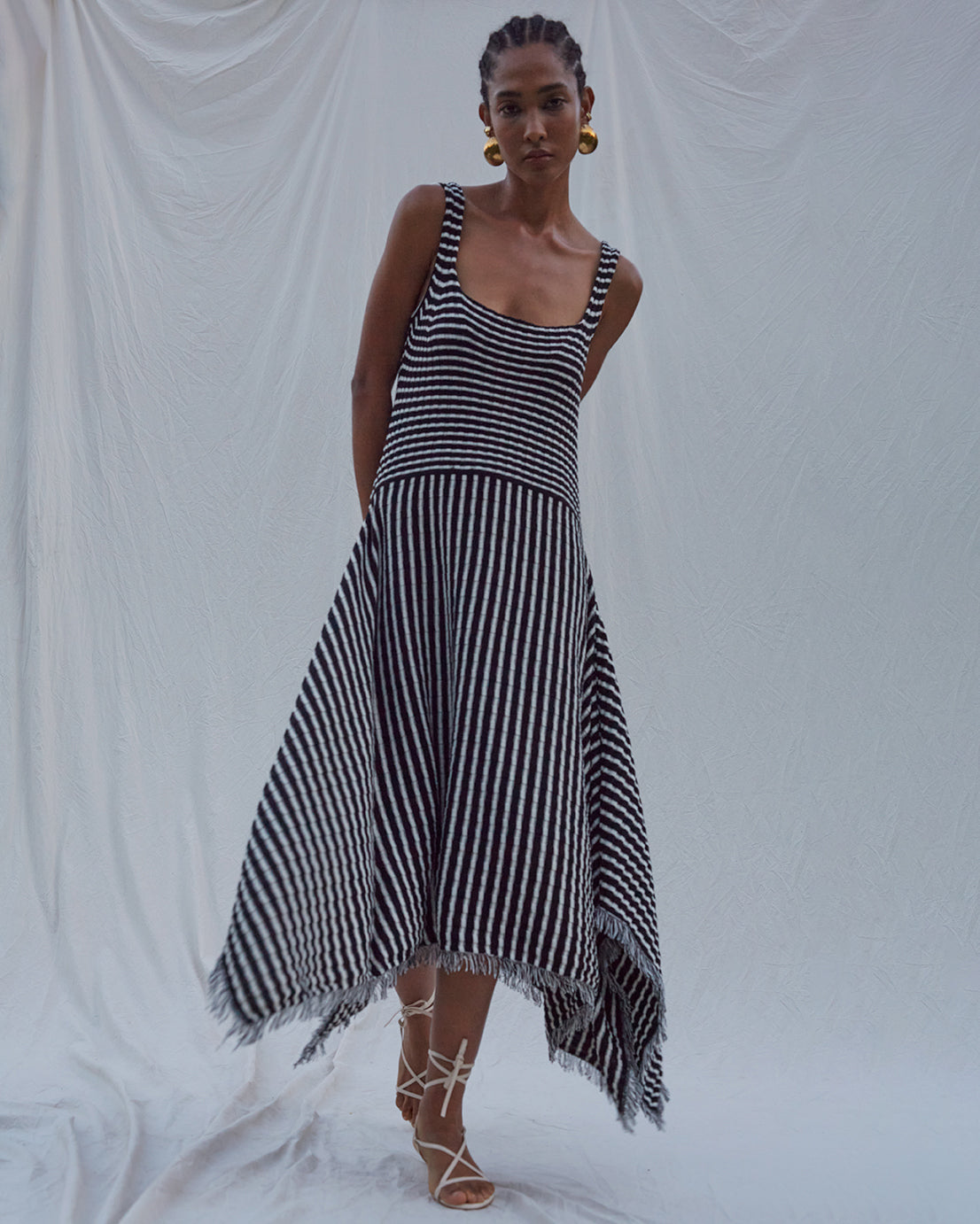 Ramona Asymmetric Fringe-Trimmed Ribbed Cotton Midi Dress