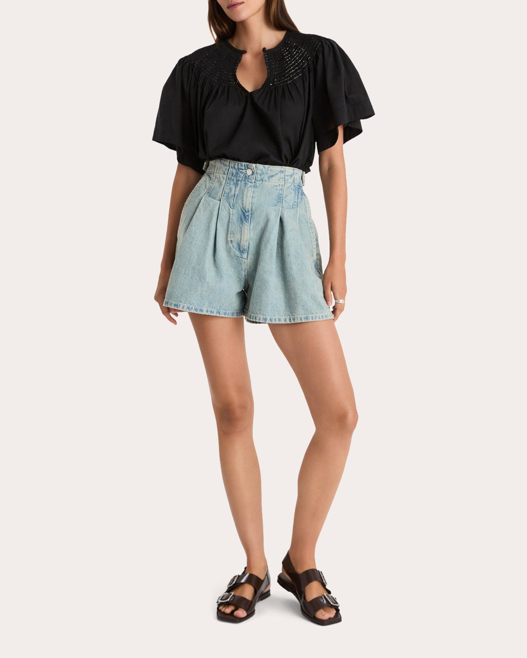 Kay Pleated Wide-Leg Denim Shorts