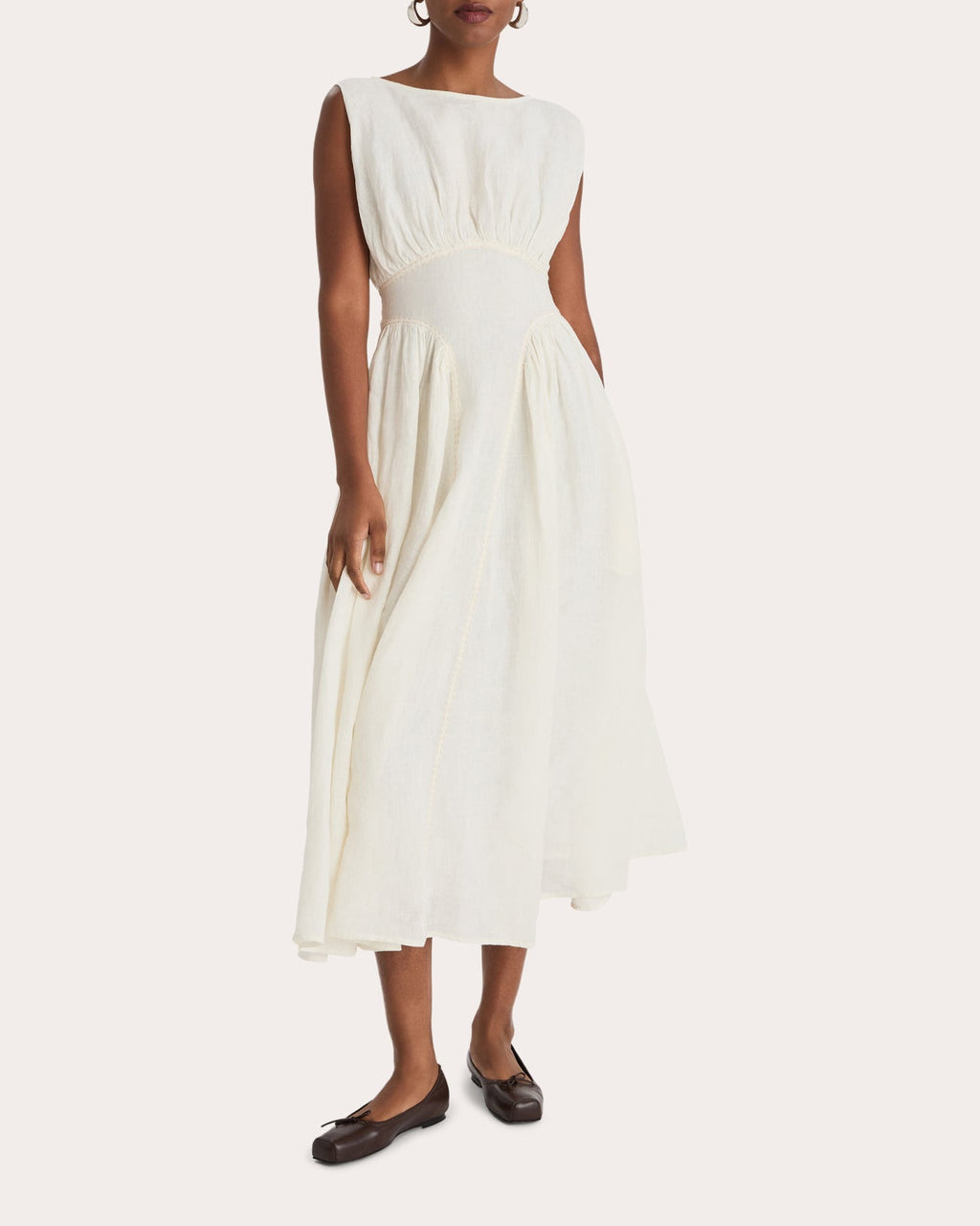 Verena Stitched Linen Sleeveless Midi Dress