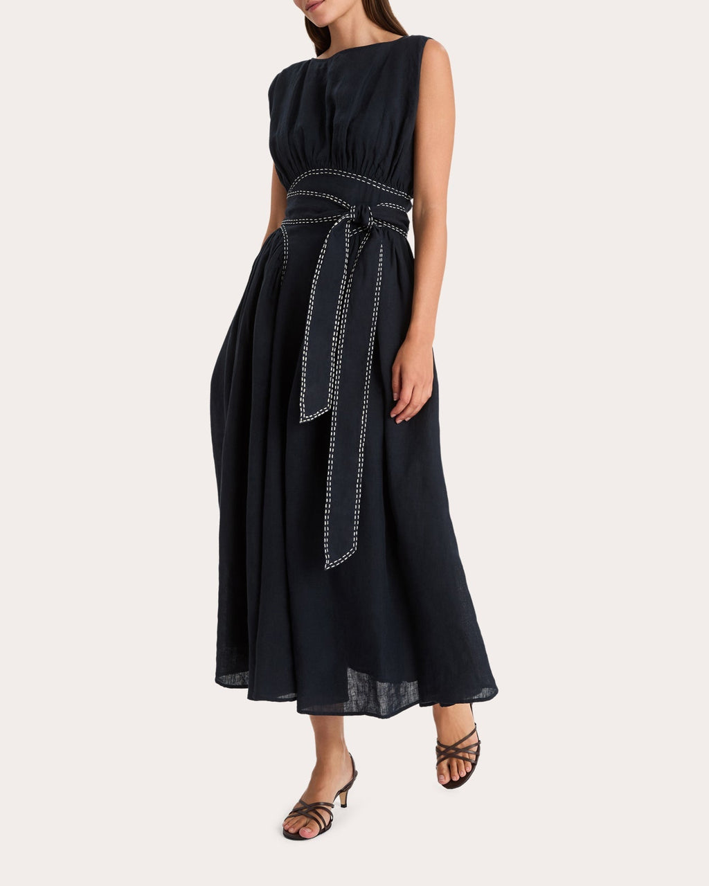 Verena Stitched Linen Sleeveless Midi Dress