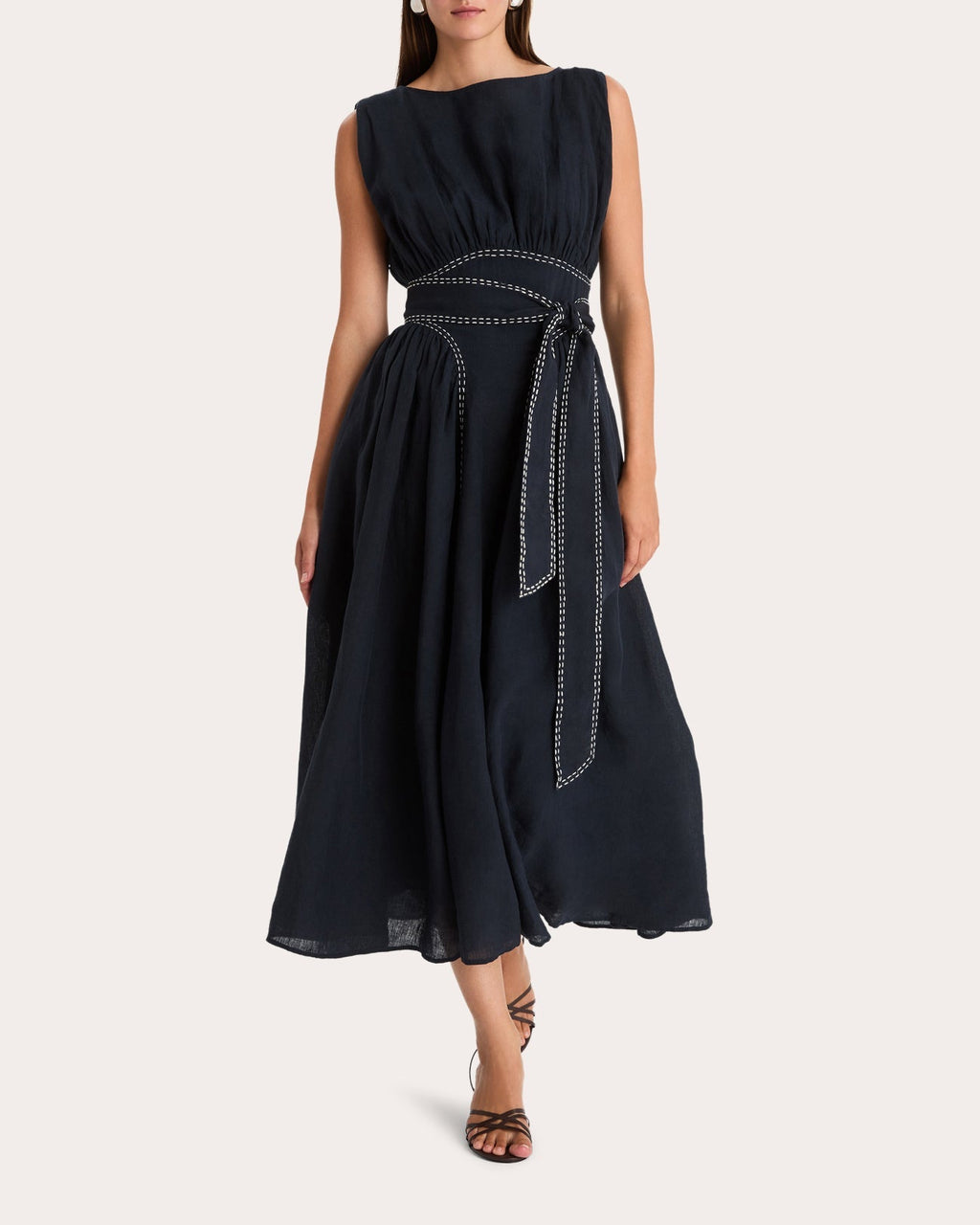 Verena Stitched Linen Sleeveless Midi Dress
