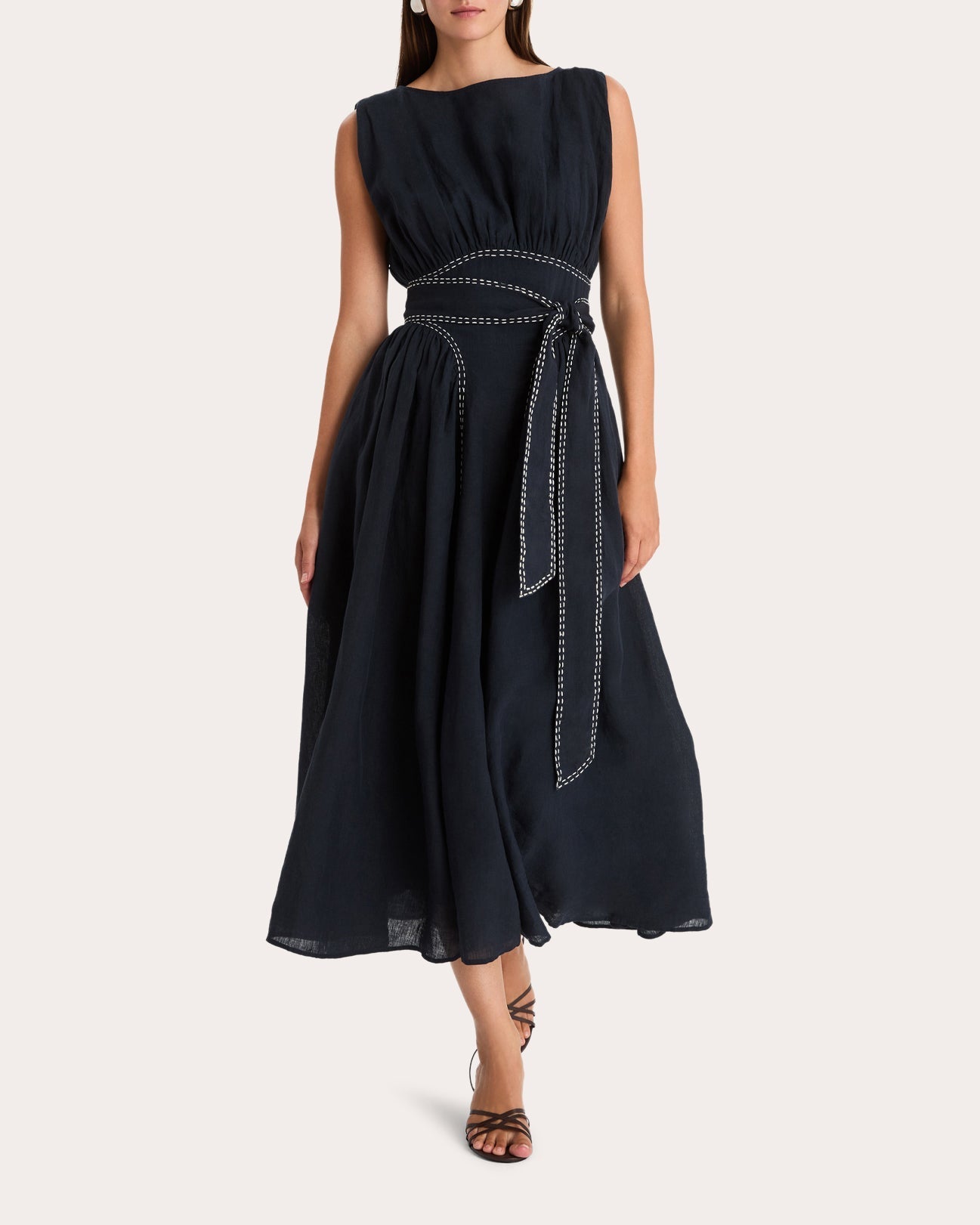 Verena Stitched Linen Sleeveless Midi Dress