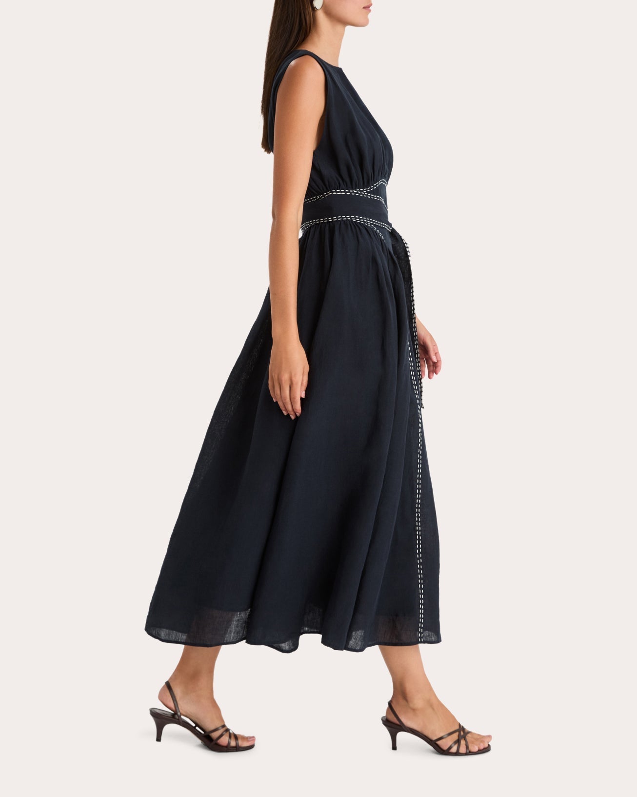 Verena Stitched Linen Sleeveless Midi Dress