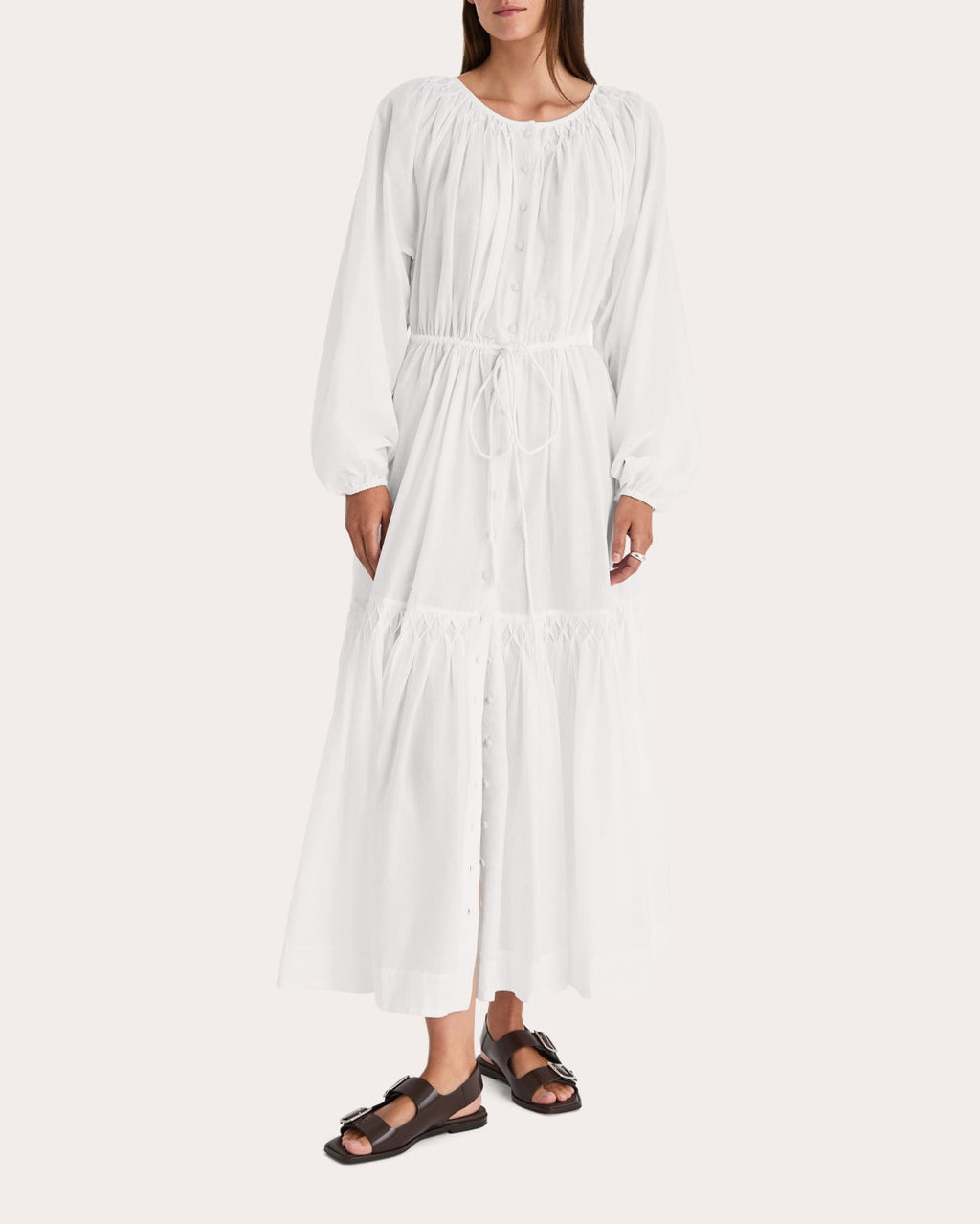 Allegra Cotton Voile Smocked Button-Up Midi Dress
