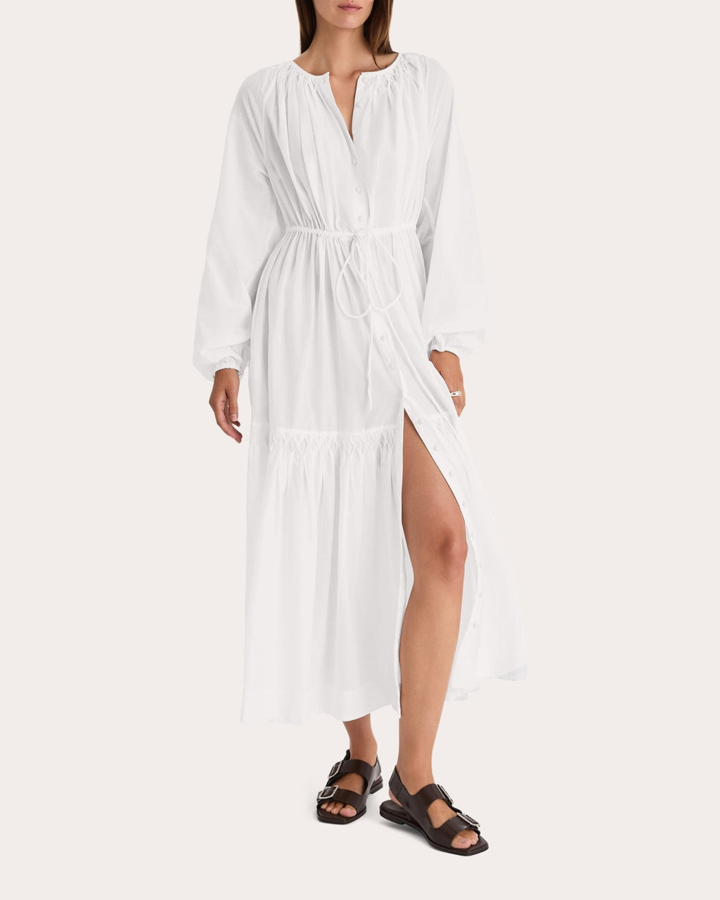 Allegra Cotton Voile Smocked Button-Up Midi Dress