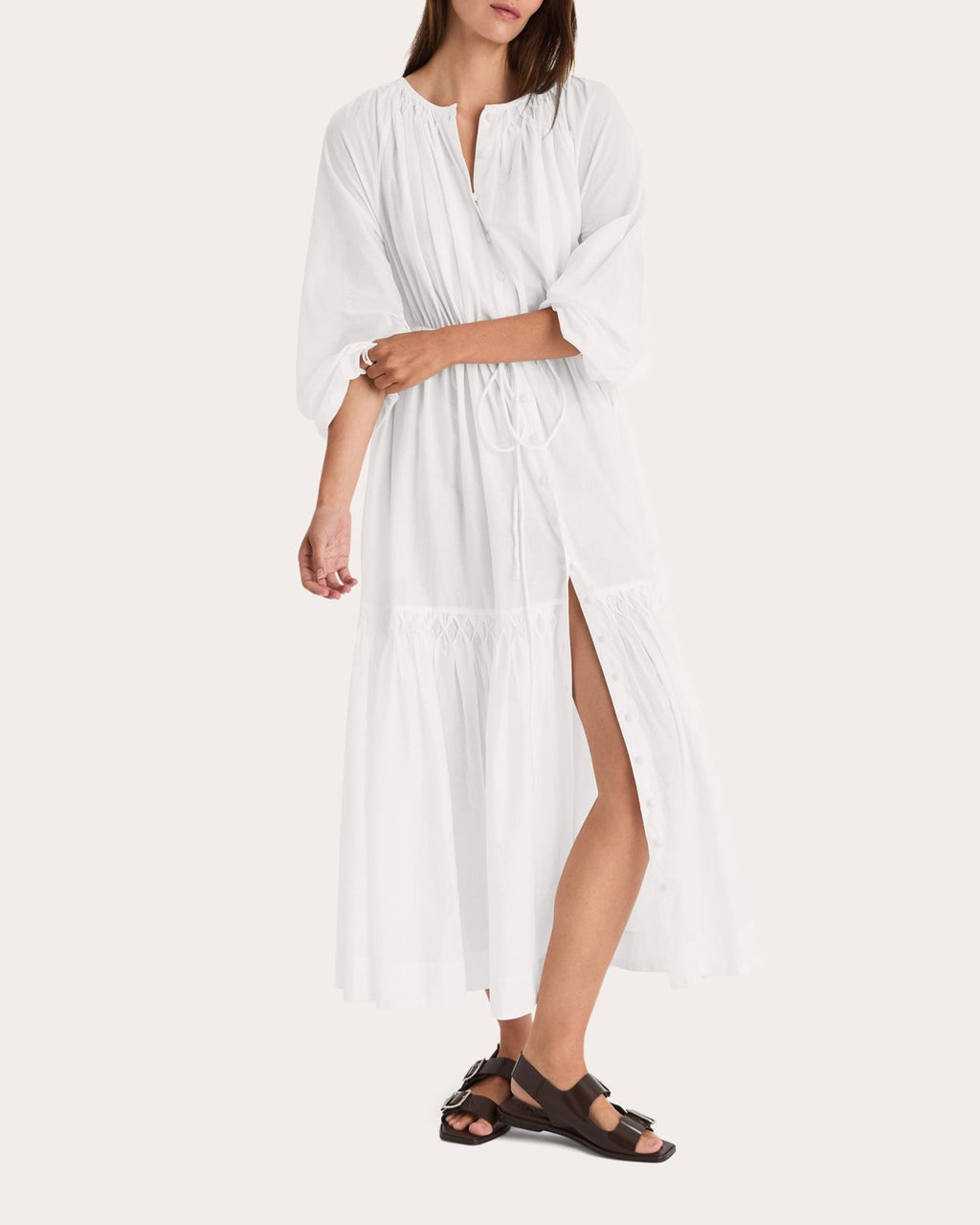 Allegra Cotton Voile Smocked Button-Up Midi Dress