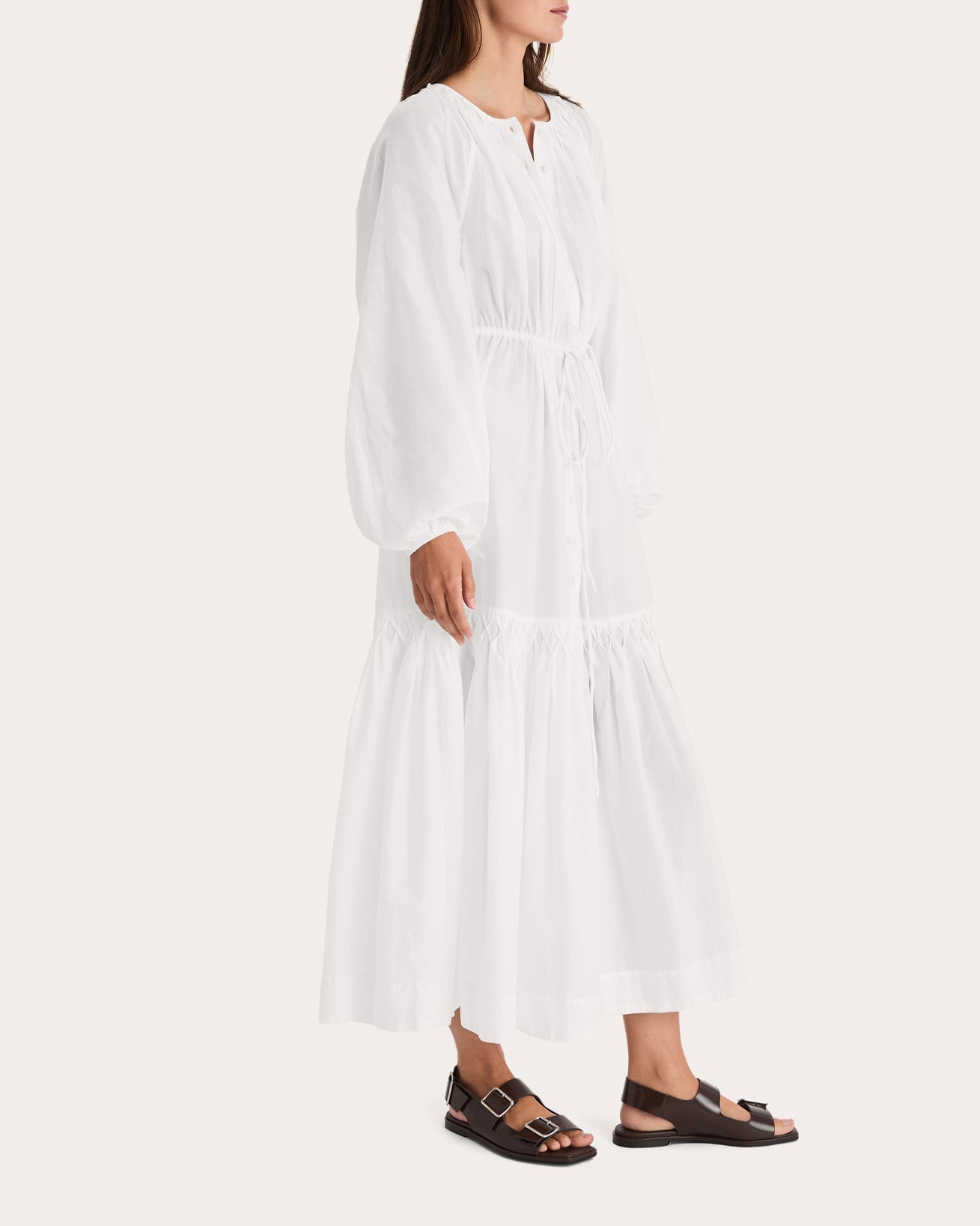 Allegra Cotton Voile Smocked Button-Up Midi Dress