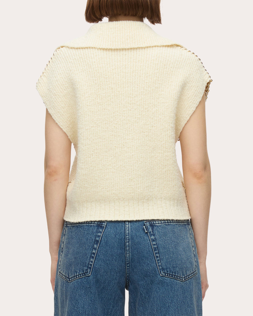 Cropped Chain-Embellished Wool Bouclé Knit Sweater