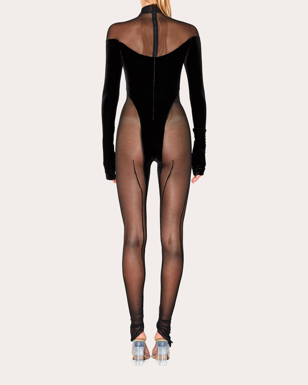 Velvet-Panel Off-Shoulder Mesh Catsuit