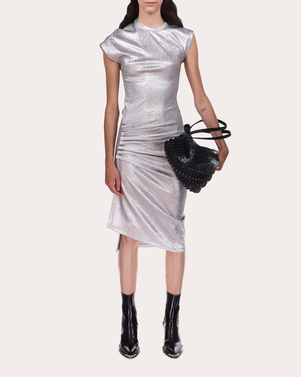 Gathered Embellished Metallic-Jersey Midi Dress
