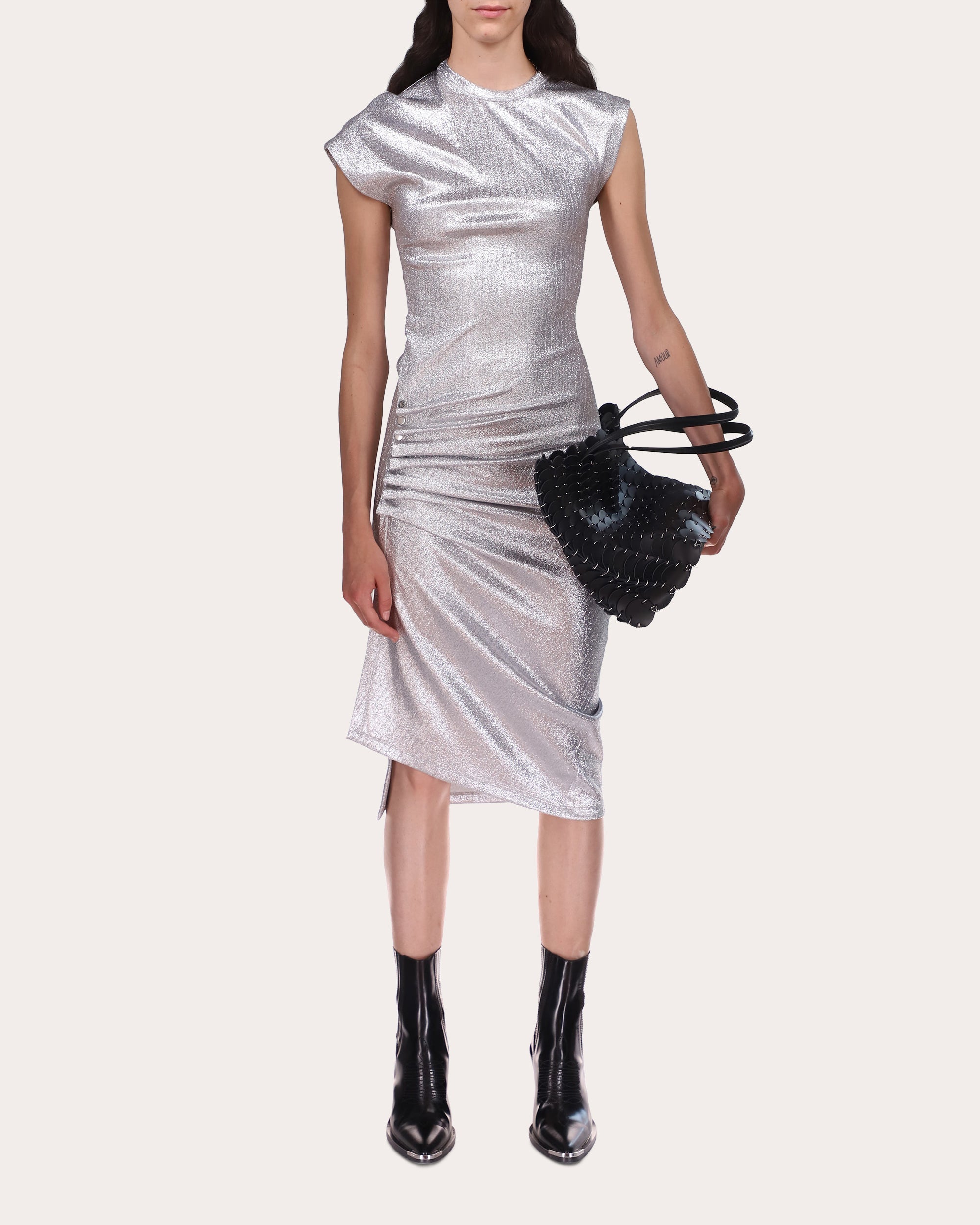 Gathered Embellished Metallic-Jersey Midi Dress