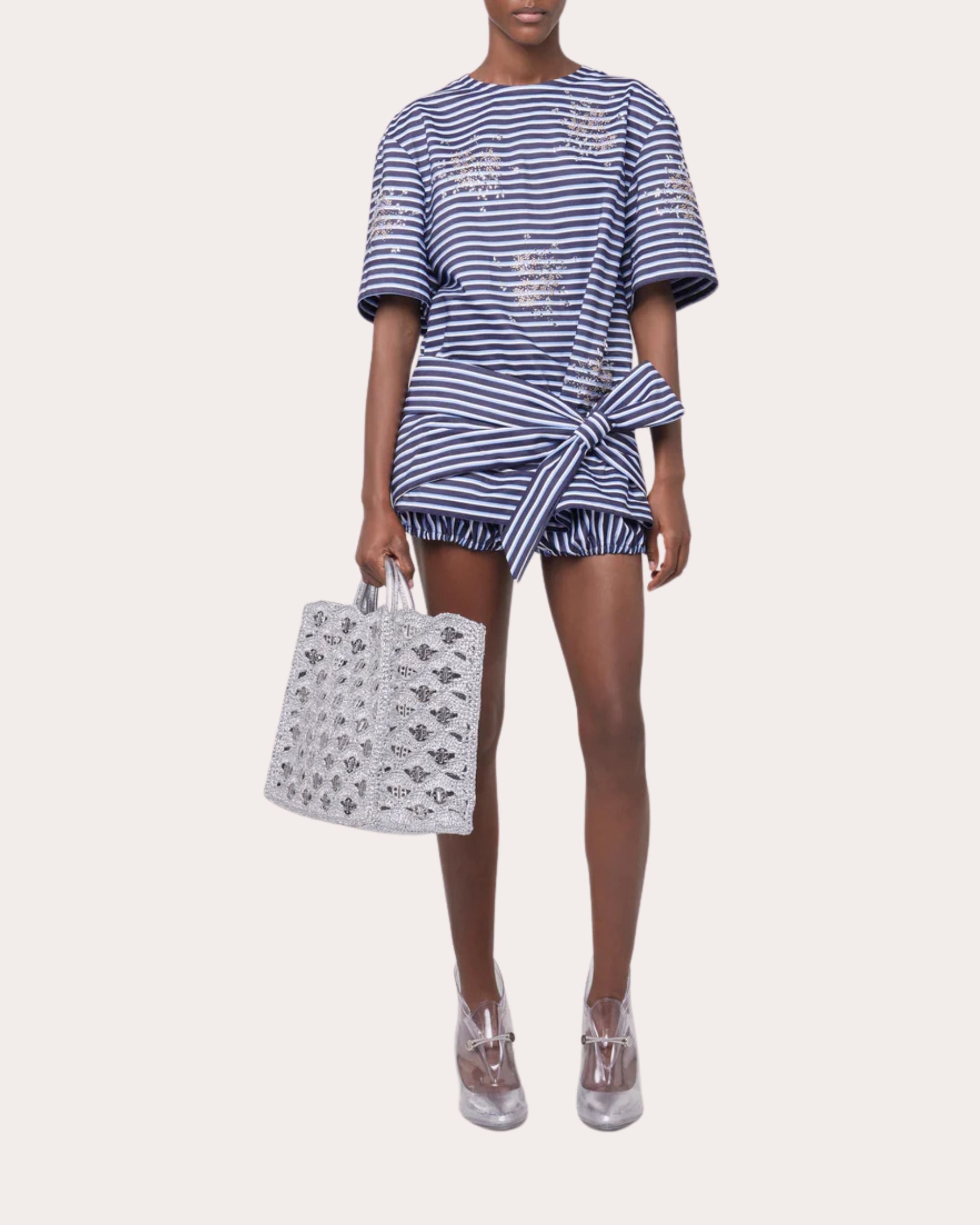 Embellished Striped Open-Back Cotton-Jersey Top