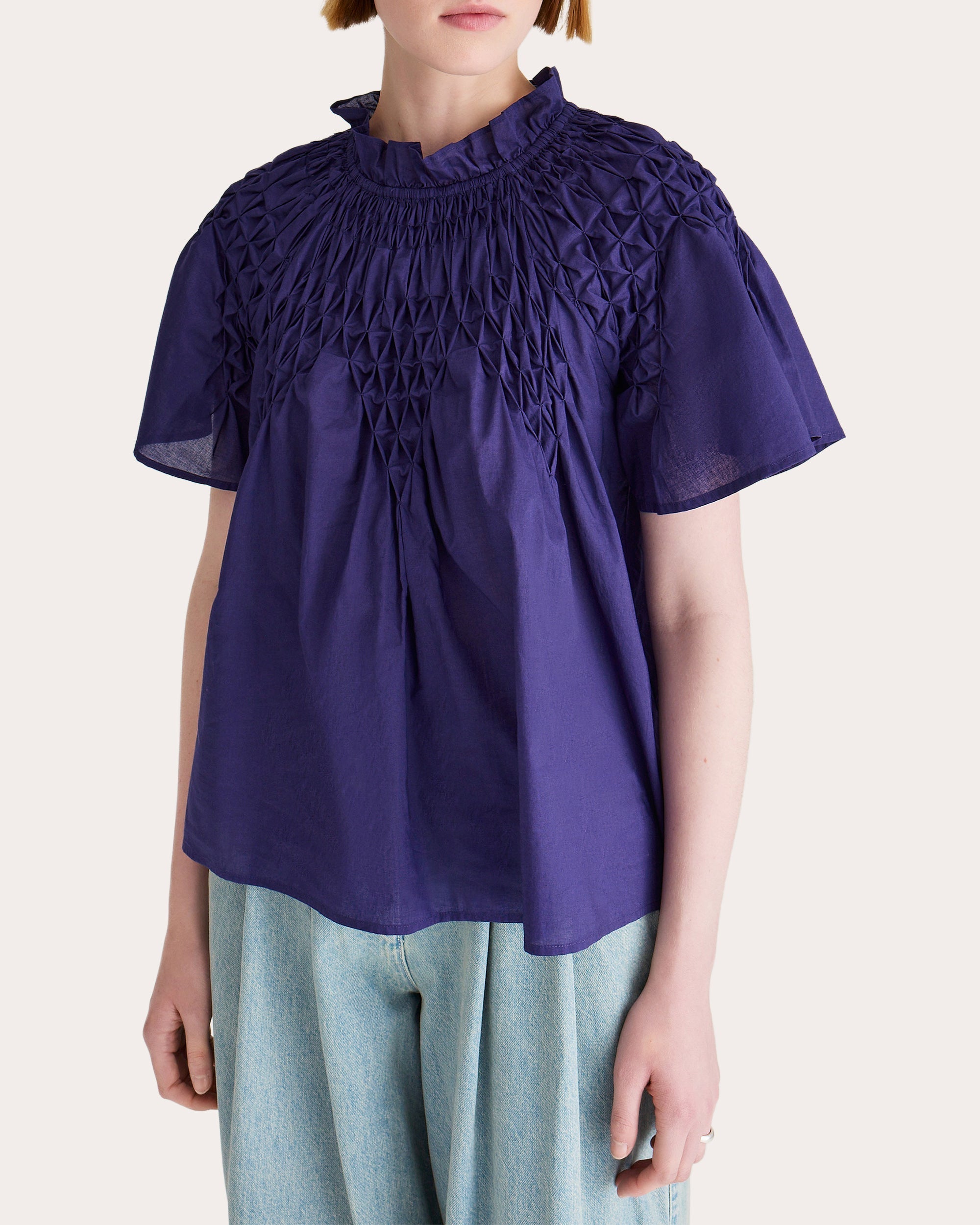 Bejart Ruffle-Trimmed Smocked Cotton Top
