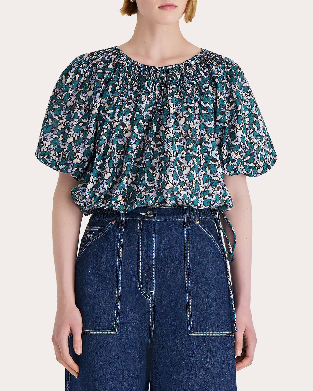 Lotus Printed Cropped Smocked Cotton Top